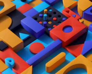 3D rendered abstract arrangement of colourful geometric blocks and cylinders in blue, orange, red, and yellow, demonstrating structured modular frameworks for scalable UX design processes.