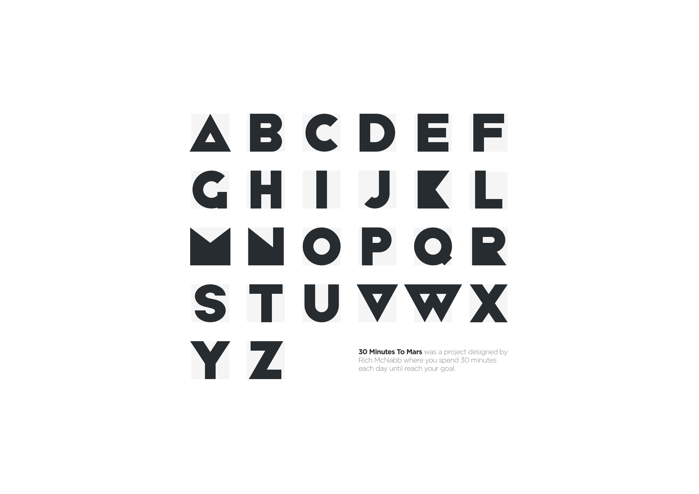 Specimen sheet grid, bold black geometric uppercase A-to-Z alphabet aligned over faint construction guidelines with project details, displaying the core character set structure for font evaluation.