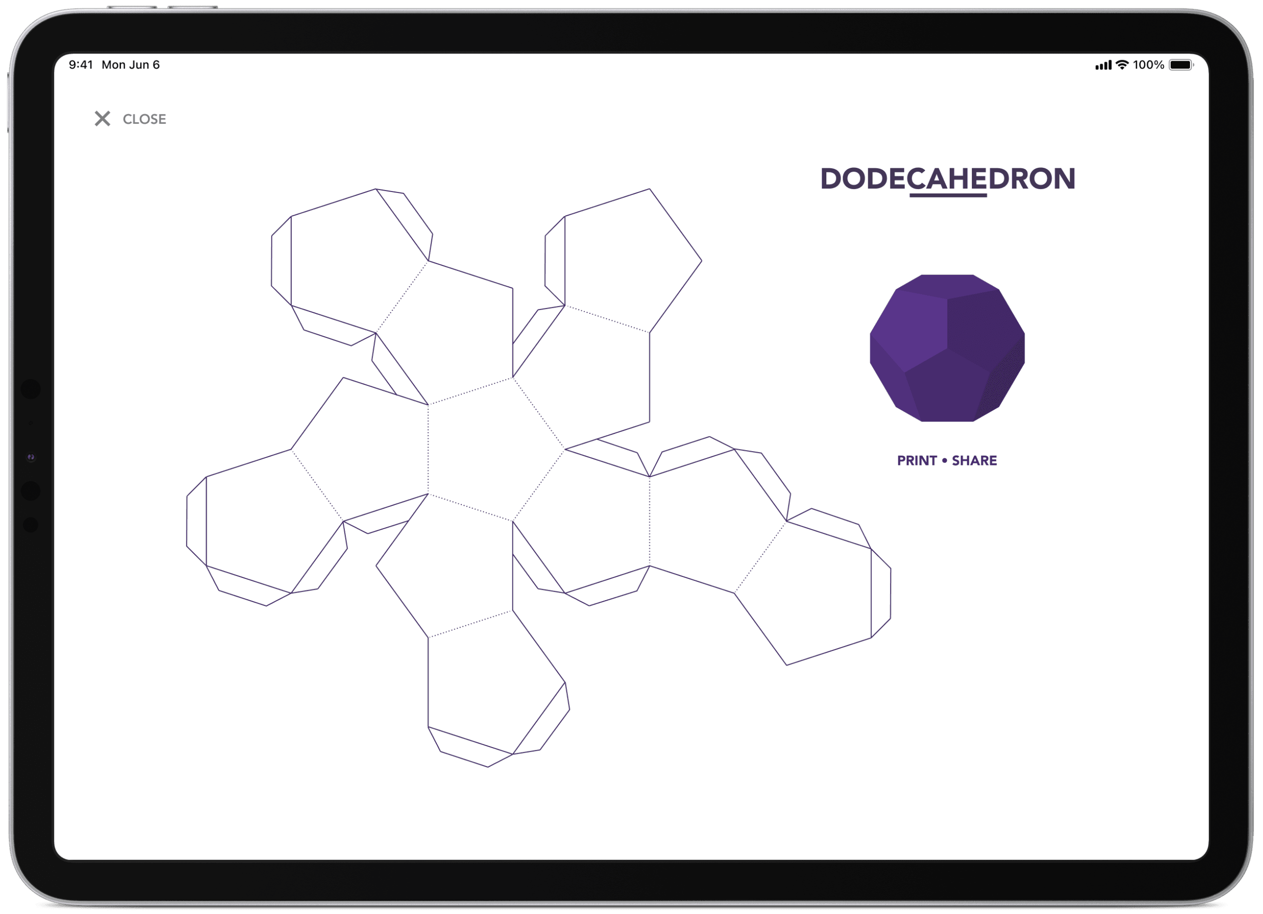 Printable papercraft net template interface for a dodecahedron geometry with a print and share option.
