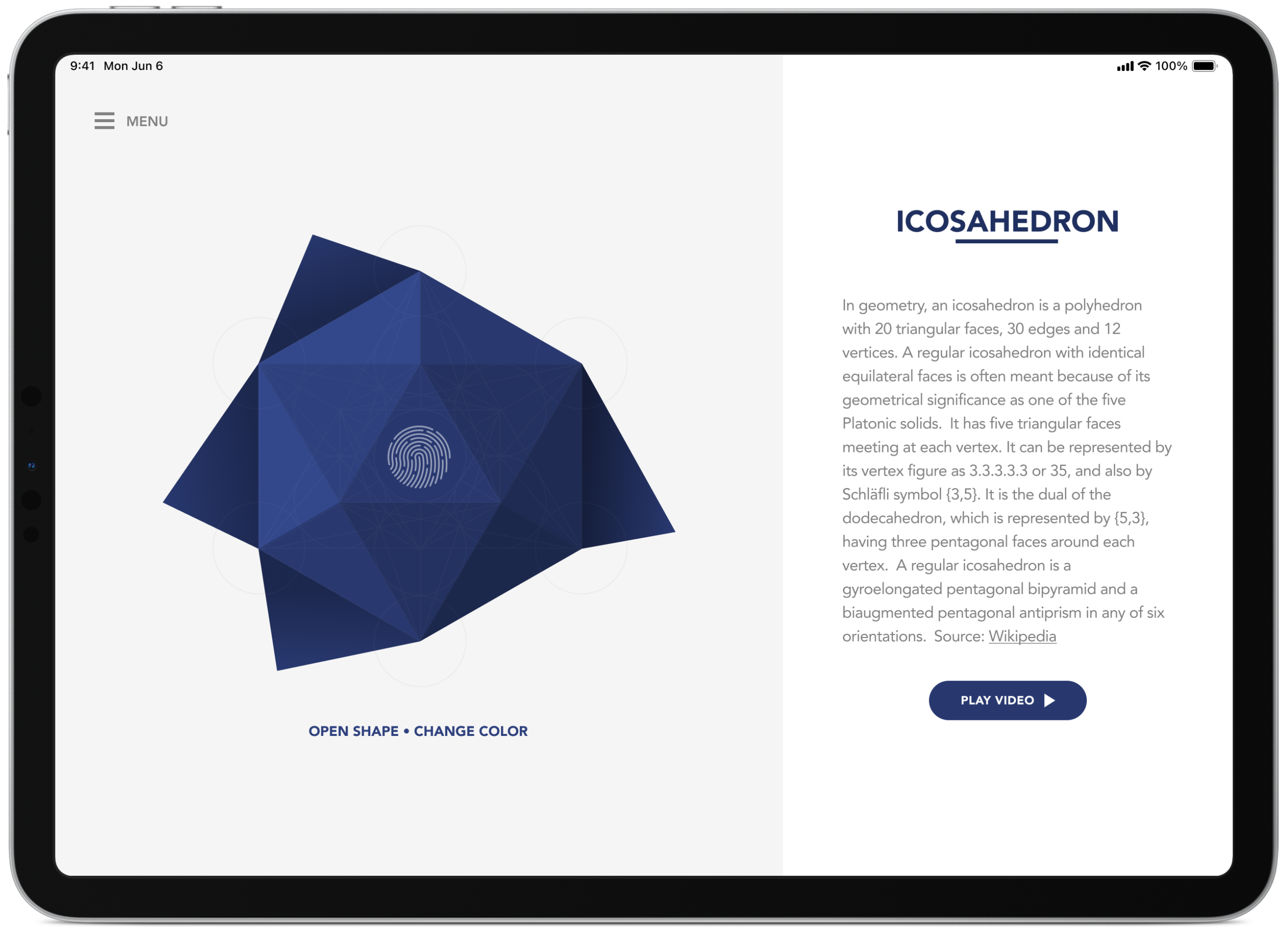 Tablet app view presenting geometric details and structural overview for a blue icosahedron shape.