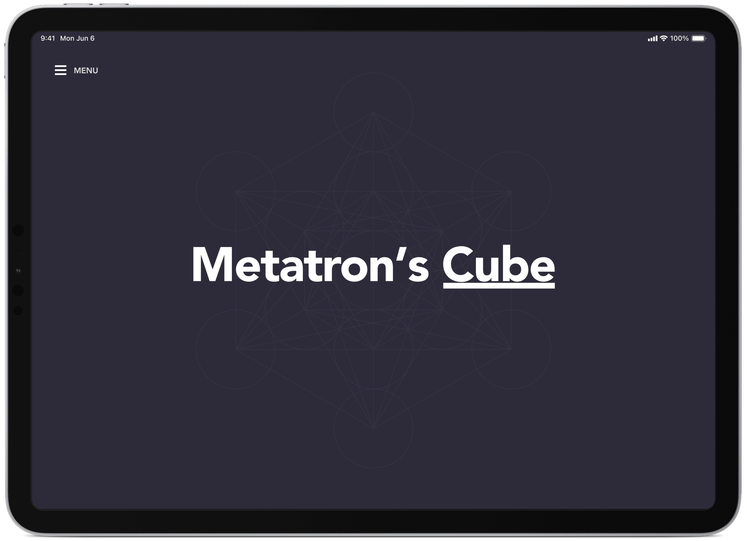 Tablet splash screen for Metatron's Cube origami app set against a dark background with fine geometric line art.