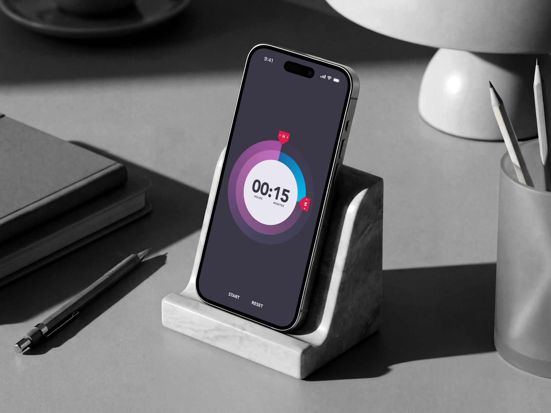 Smartphone resting on a marble stand displaying the SimpleTimer app interface with a dark theme, circular progress dial, and digital countdown timer.