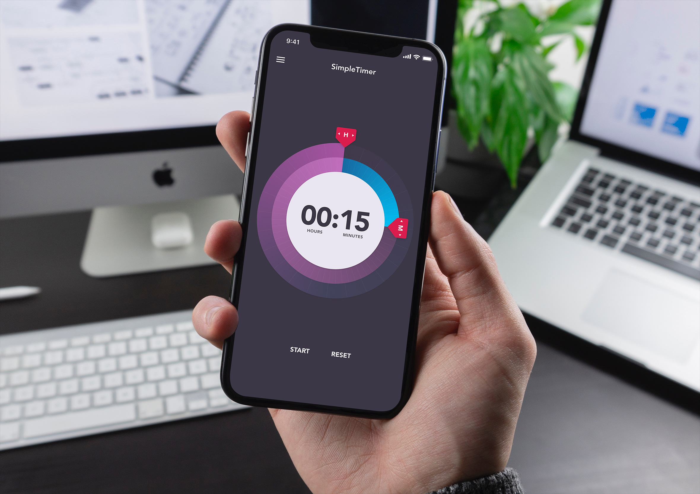SimpleTimer app final design mockup on iPhone