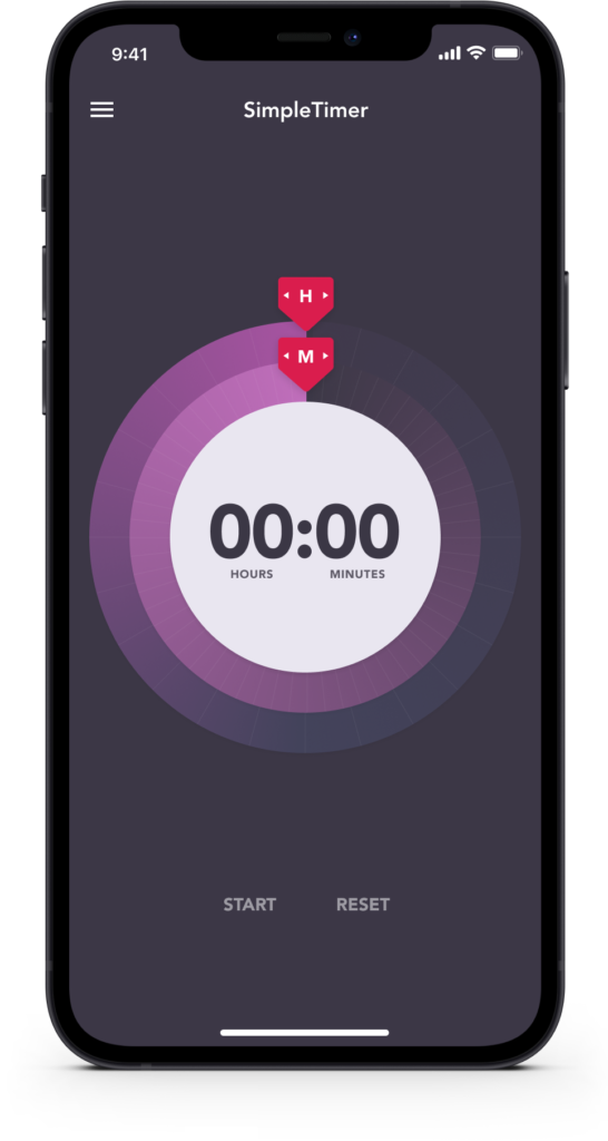 SimpleTimer iPhone app default screen showing hour and minute rotation sliders
