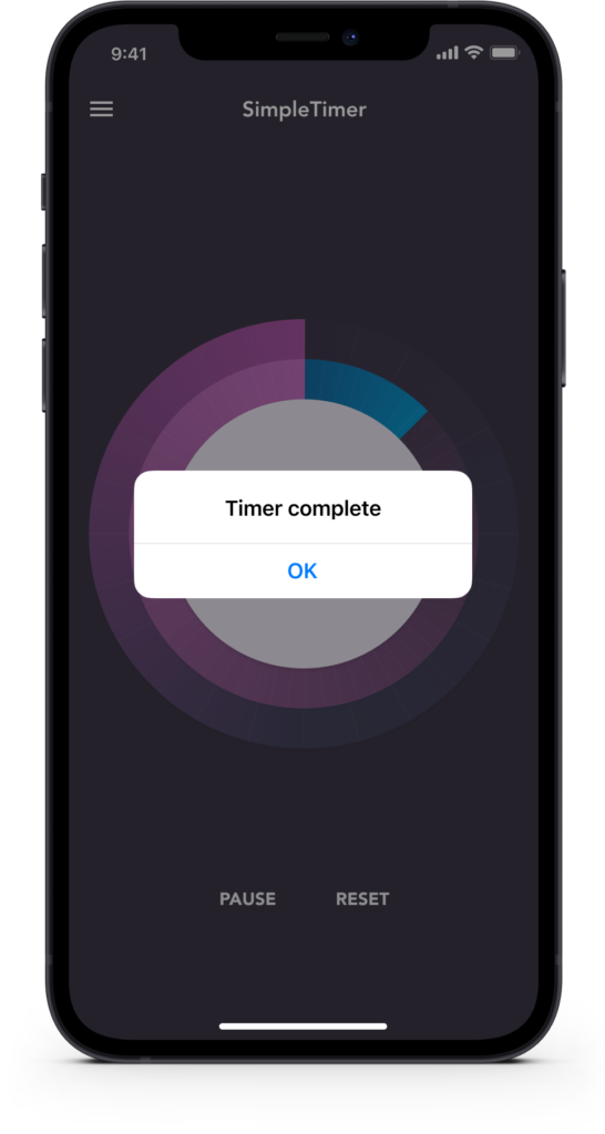 SimpleTimer iPhone app done screen showing timer completion state