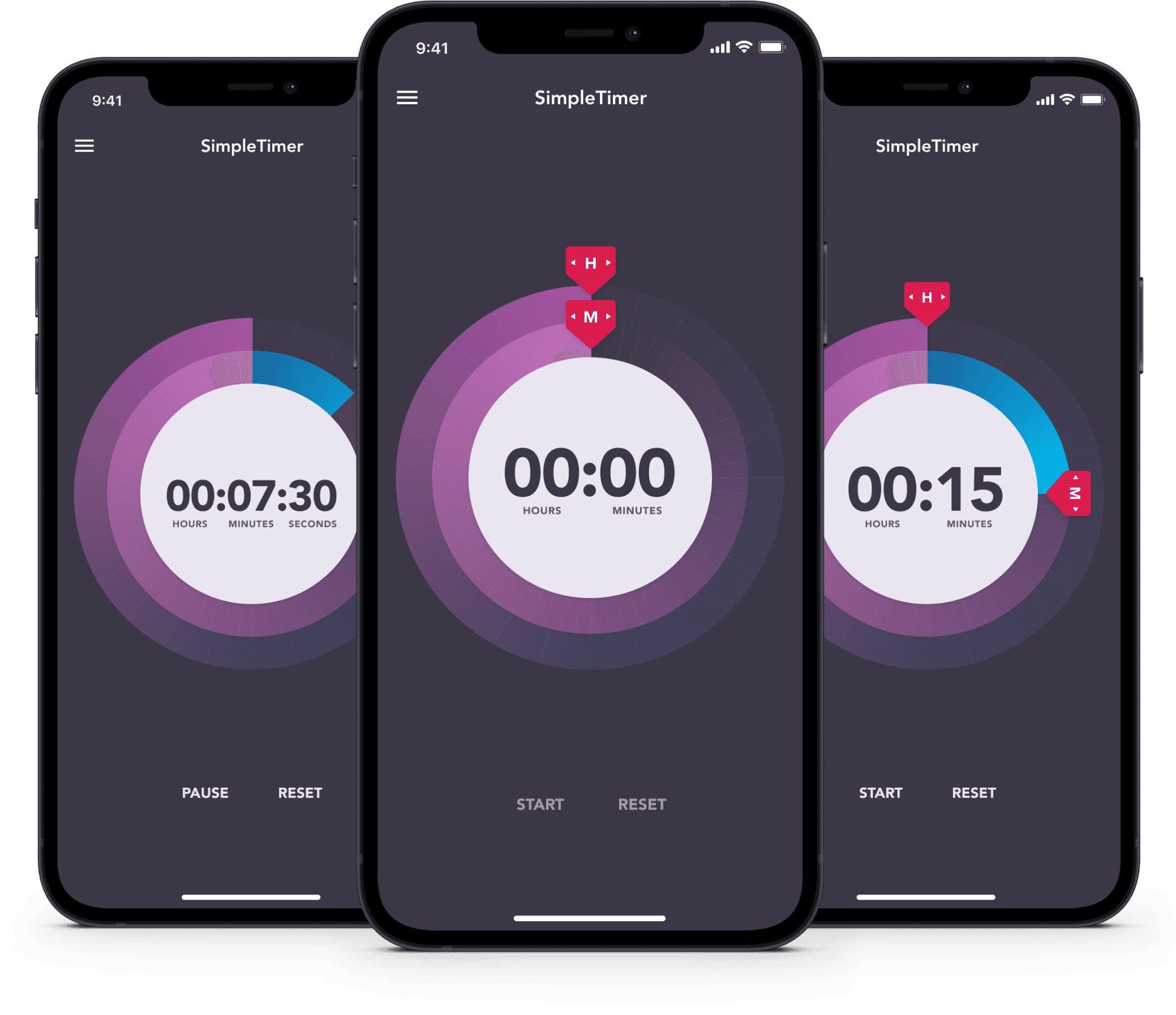 design-portfolio-hero-image Trio of smartphone mockups displaying three distinct operational states: active countdown, default timer reset, and custom 15-minute selection.