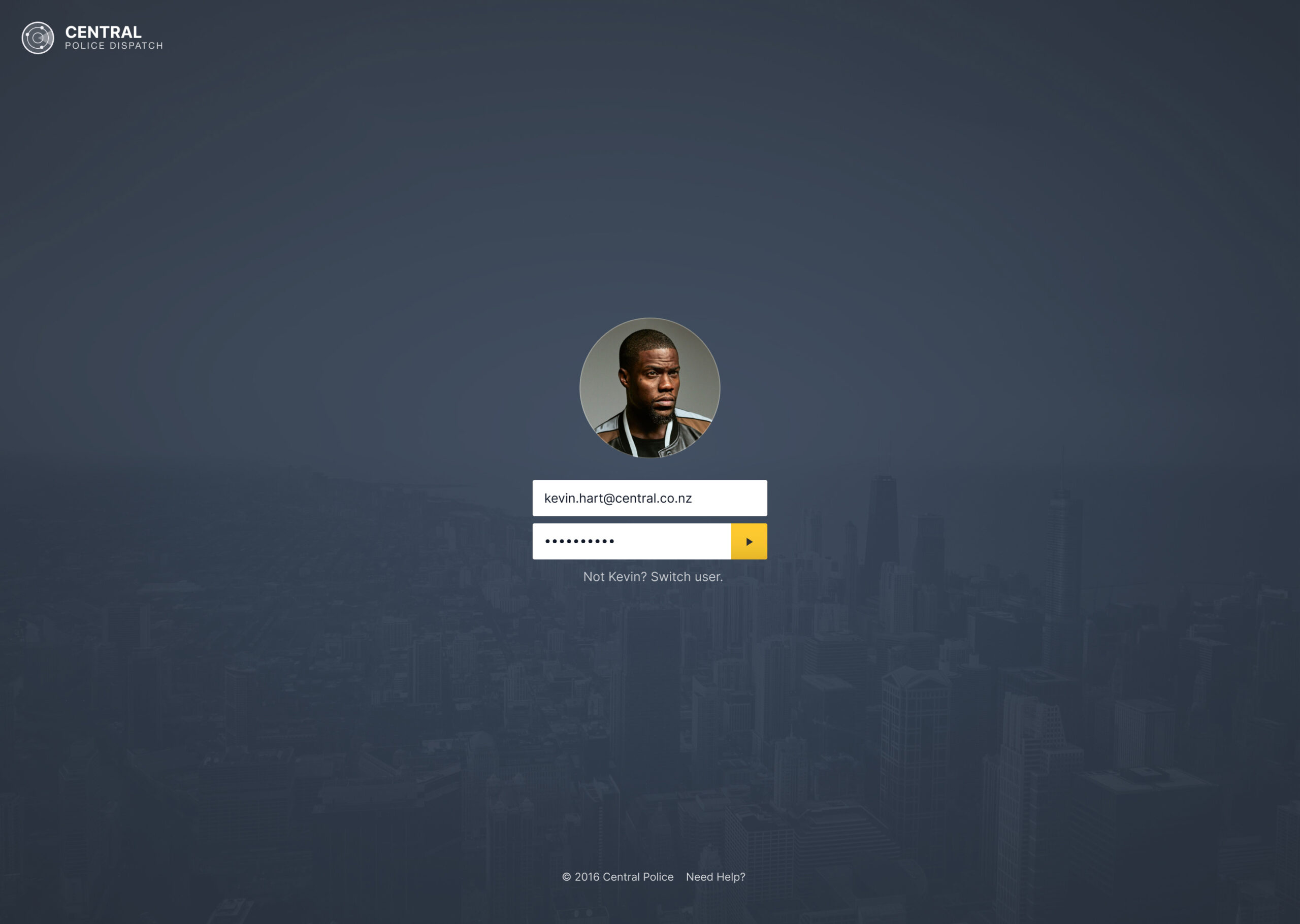 High-fidelity sign-in screen featuring a user profile avatar over a dark city skyline background.