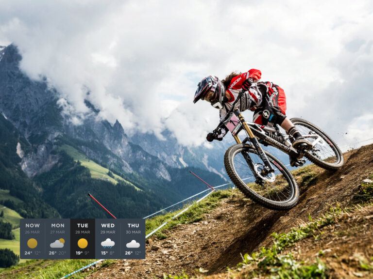 Downhill mountain biker riding a steep mountain trail, featured alongside a custom 5-day weather forecast widget UI overlay in the bottom left corner.