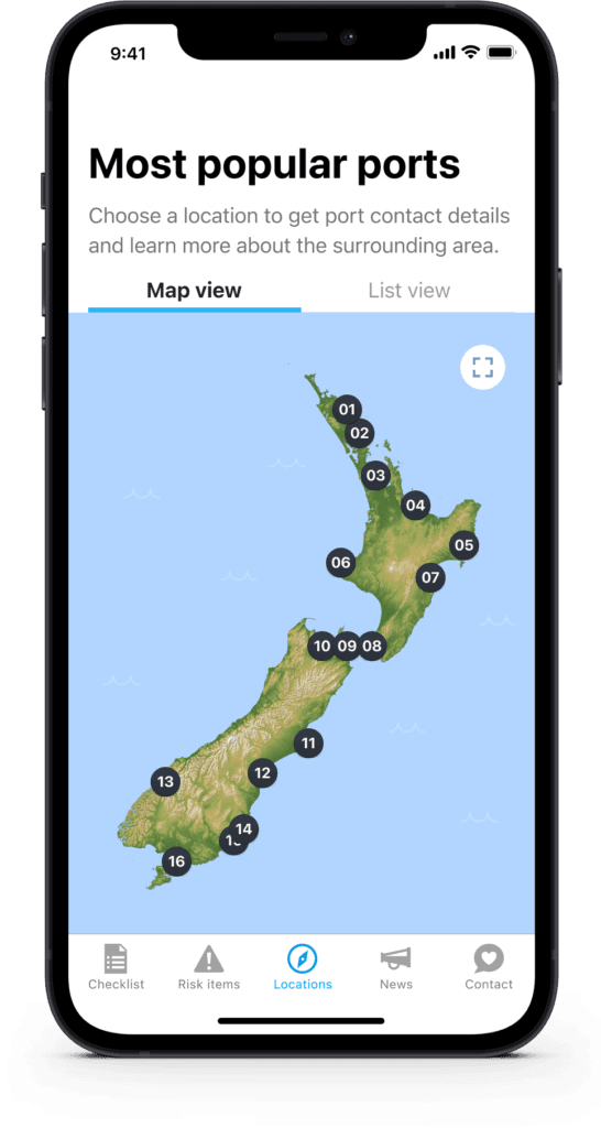 Mobile app screen showing an interactive map of New Zealand with numbered port location pins.