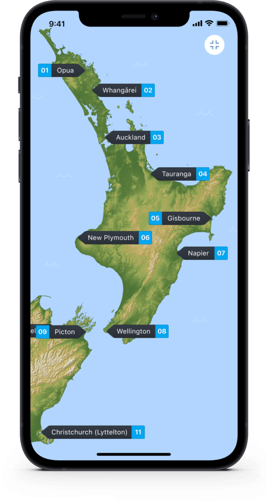 Interactive map view displaying numbered pins for popular ports of entry across New Zealand.