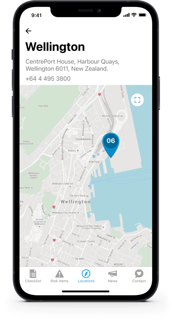 Detailed city map screen of Wellington port featuring address, contact details, and location pin 06.