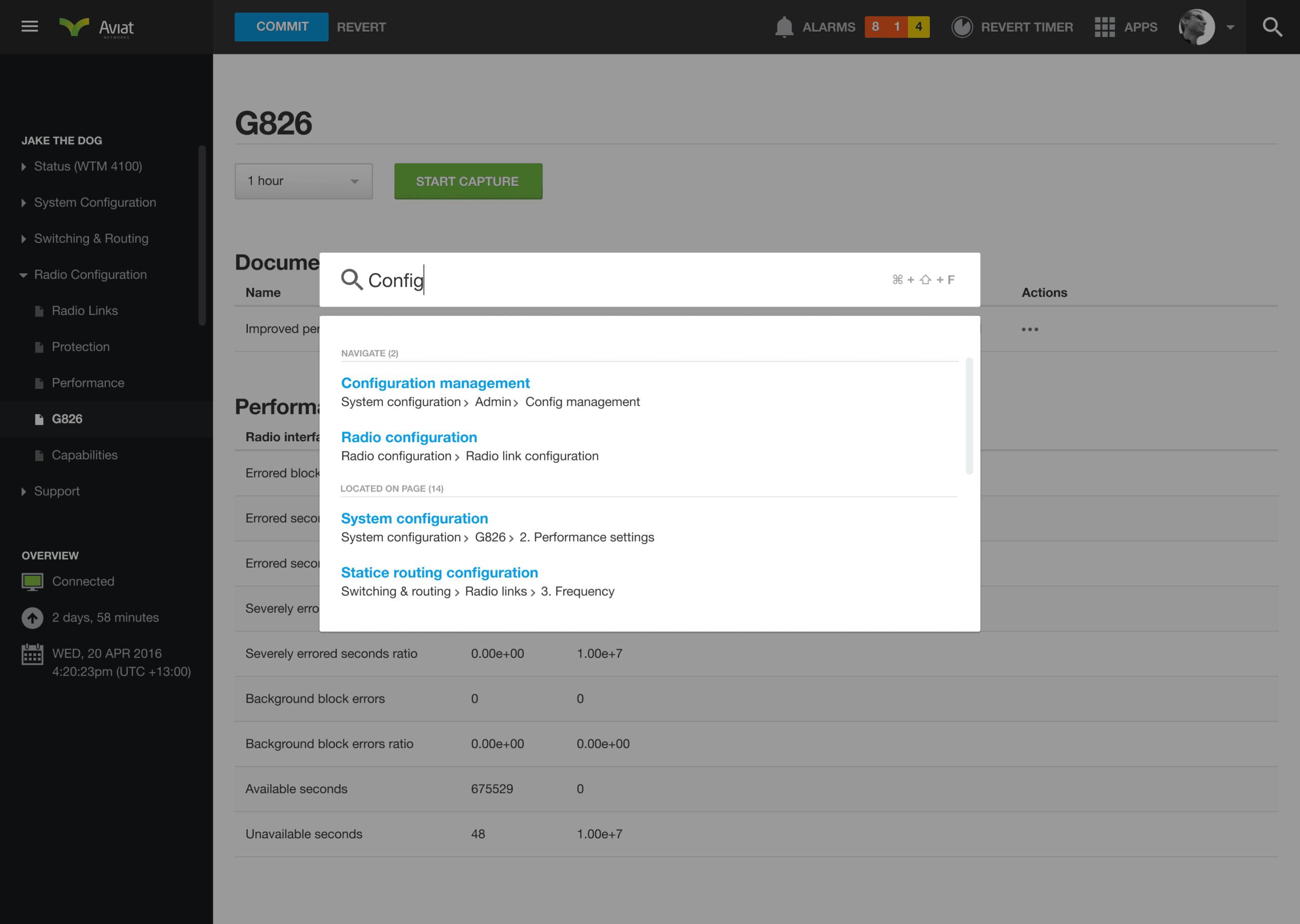 Predictive search overlay modal over the G826 radio configuration page displaying quick navigation results and localised search options.