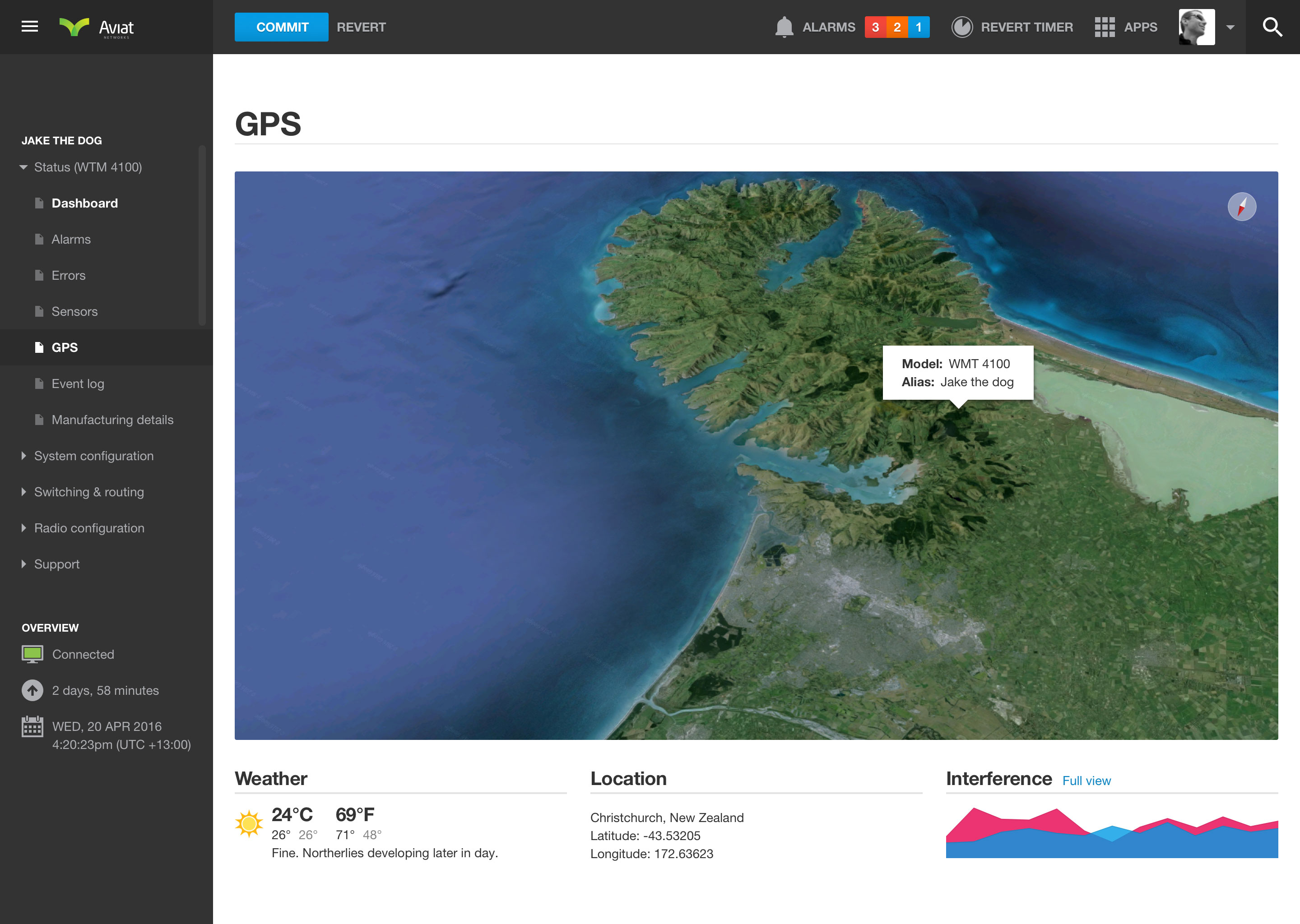 Aviat Networks GPS dashboard showing device location and weather conditions