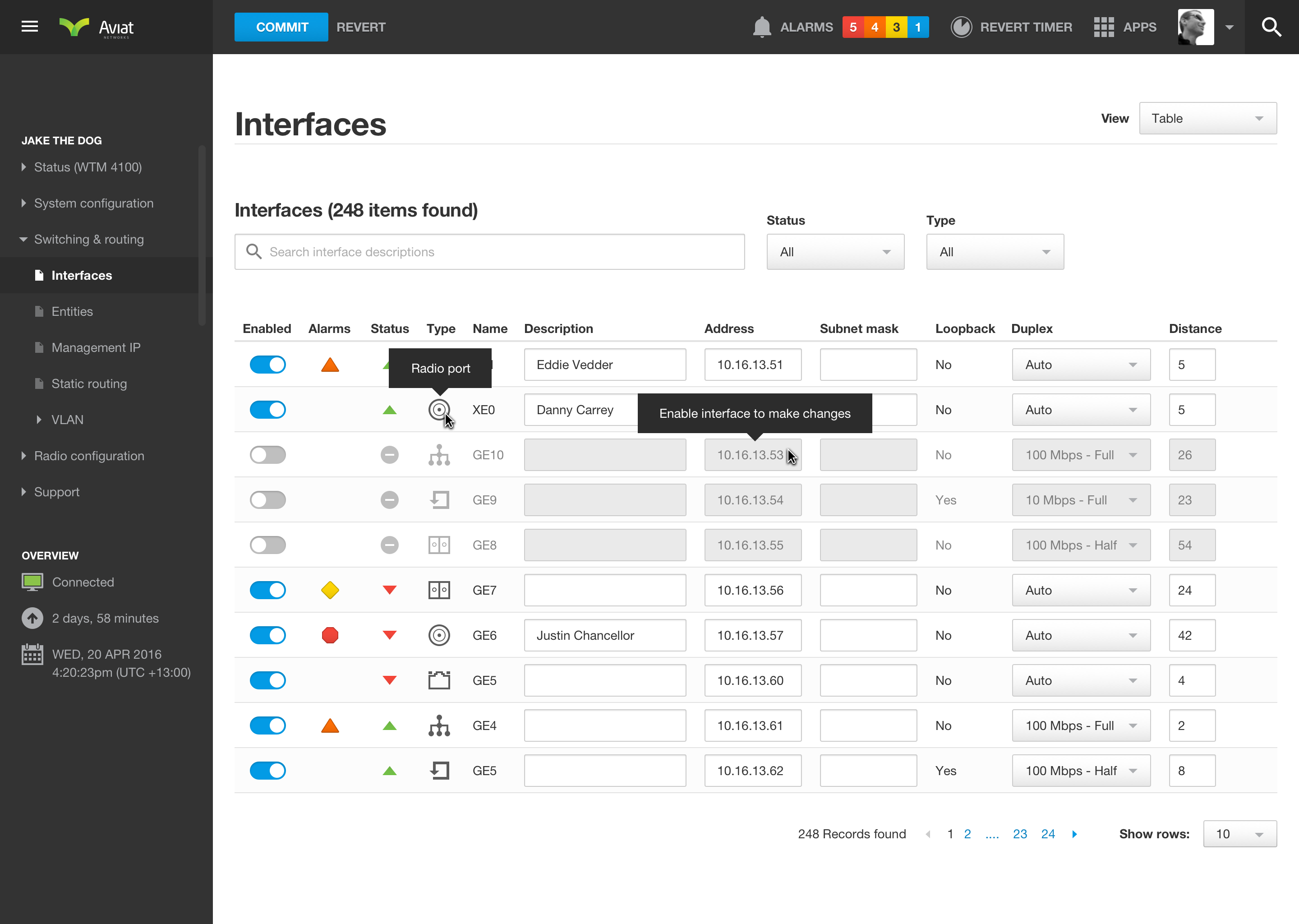 Aviat Networks interfaces screen showing port type and status configuration
