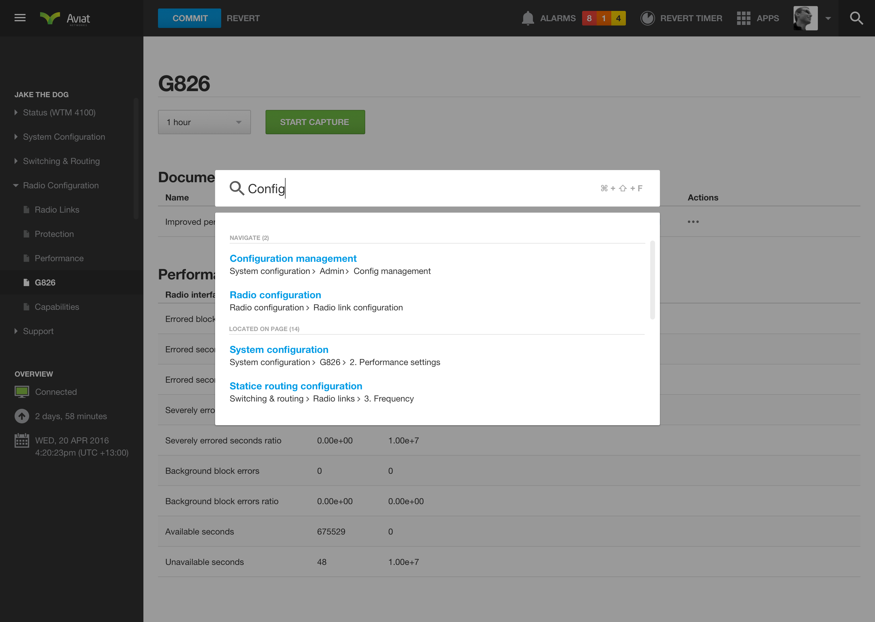 Aviat Networks predictive search showing results sorted by navigation and page content