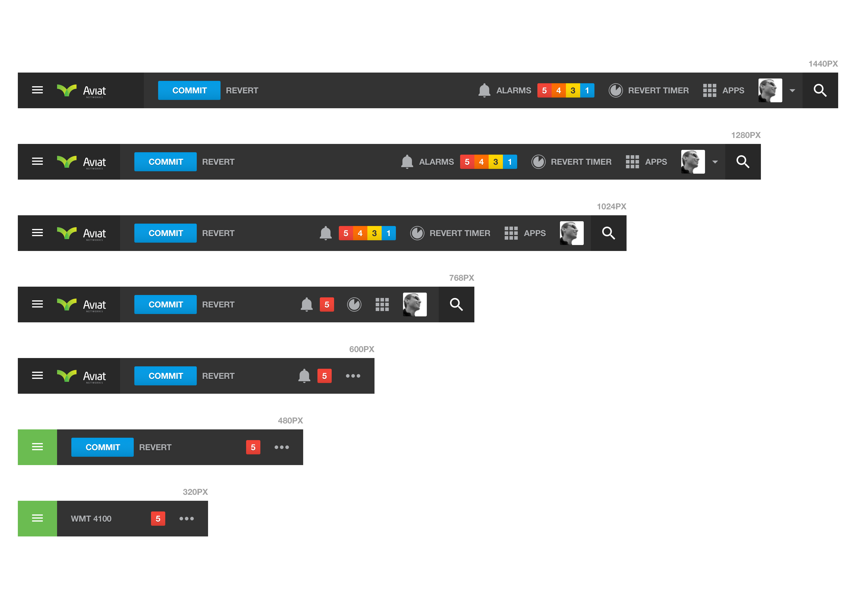 Aviat Networks responsive toolbar adapting to different screen widths