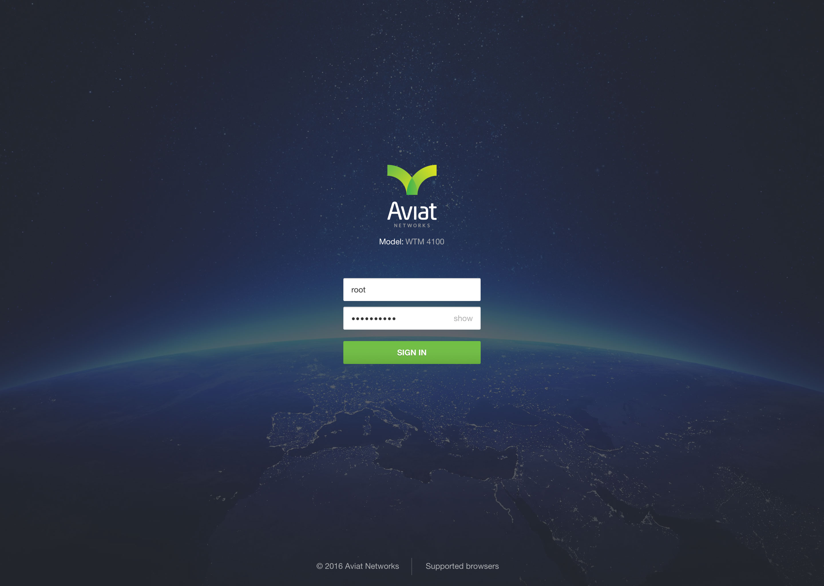 Aviat Networks dashboard minimal sign-in screen