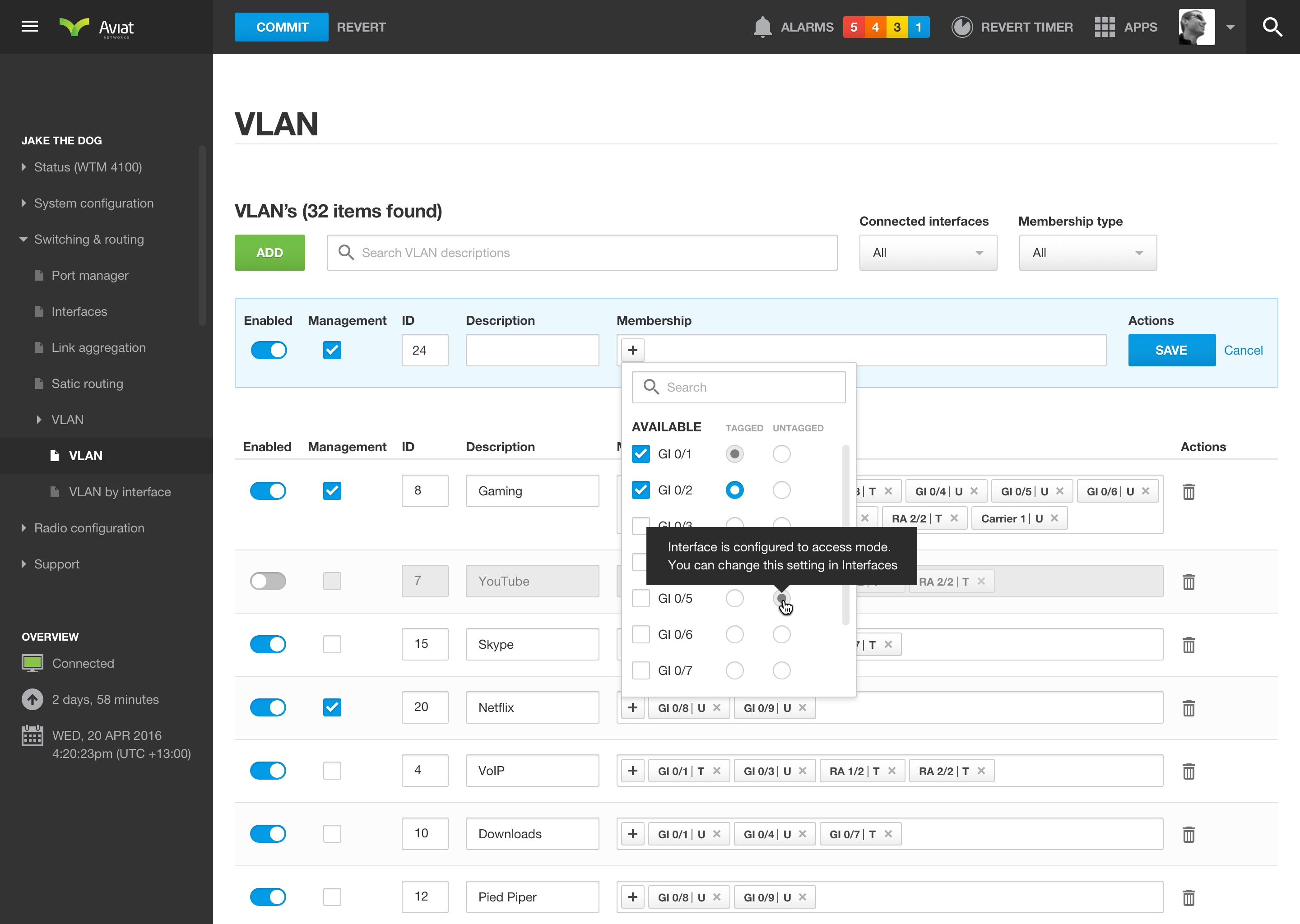 Aviat Networks VLAN creation screen with port assignment and configuration