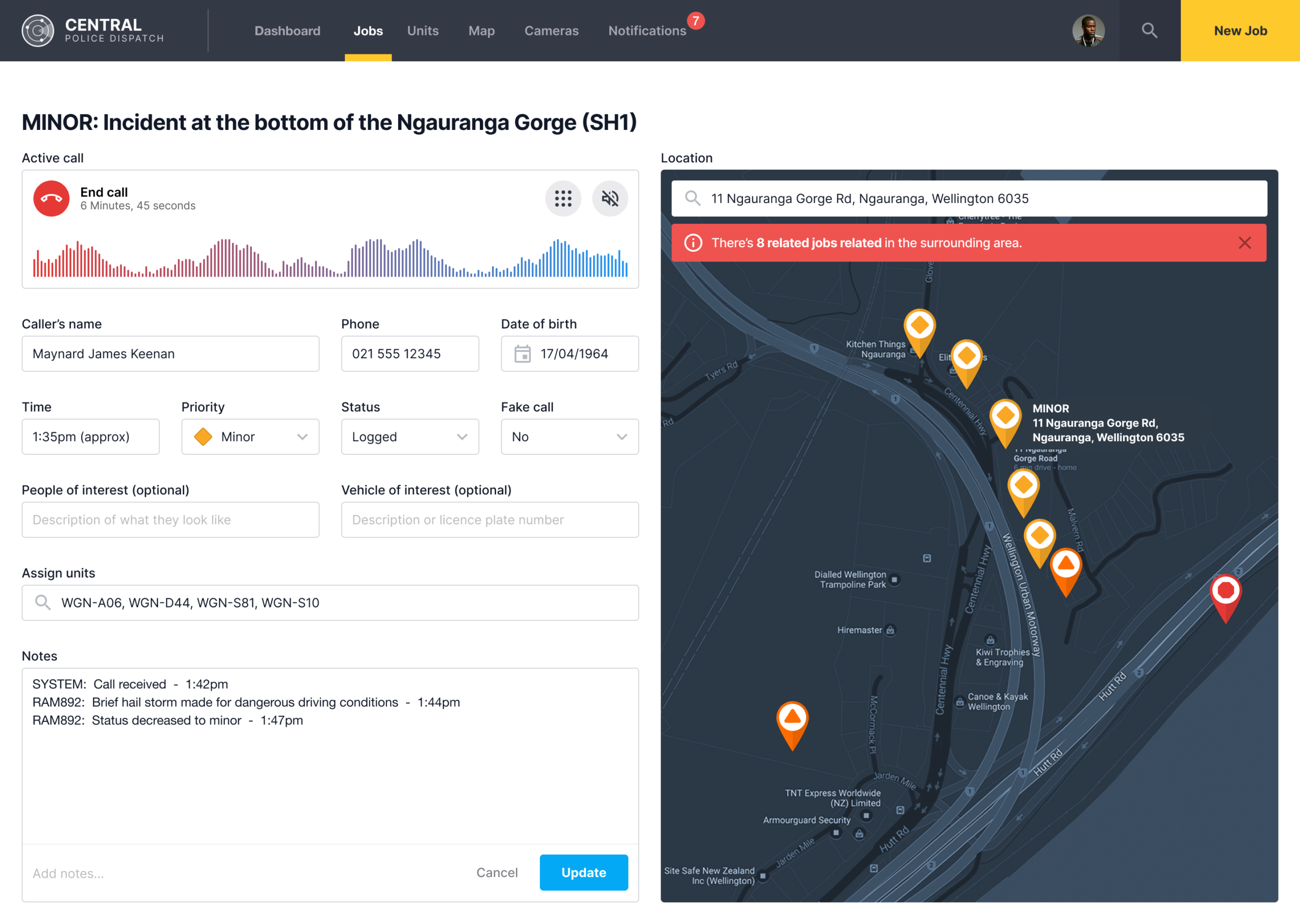 Incident detail interface showing active call audio waveforms, caller metadata, and an interactive GIS map displaying an alert for 8 related jobs in the area.
