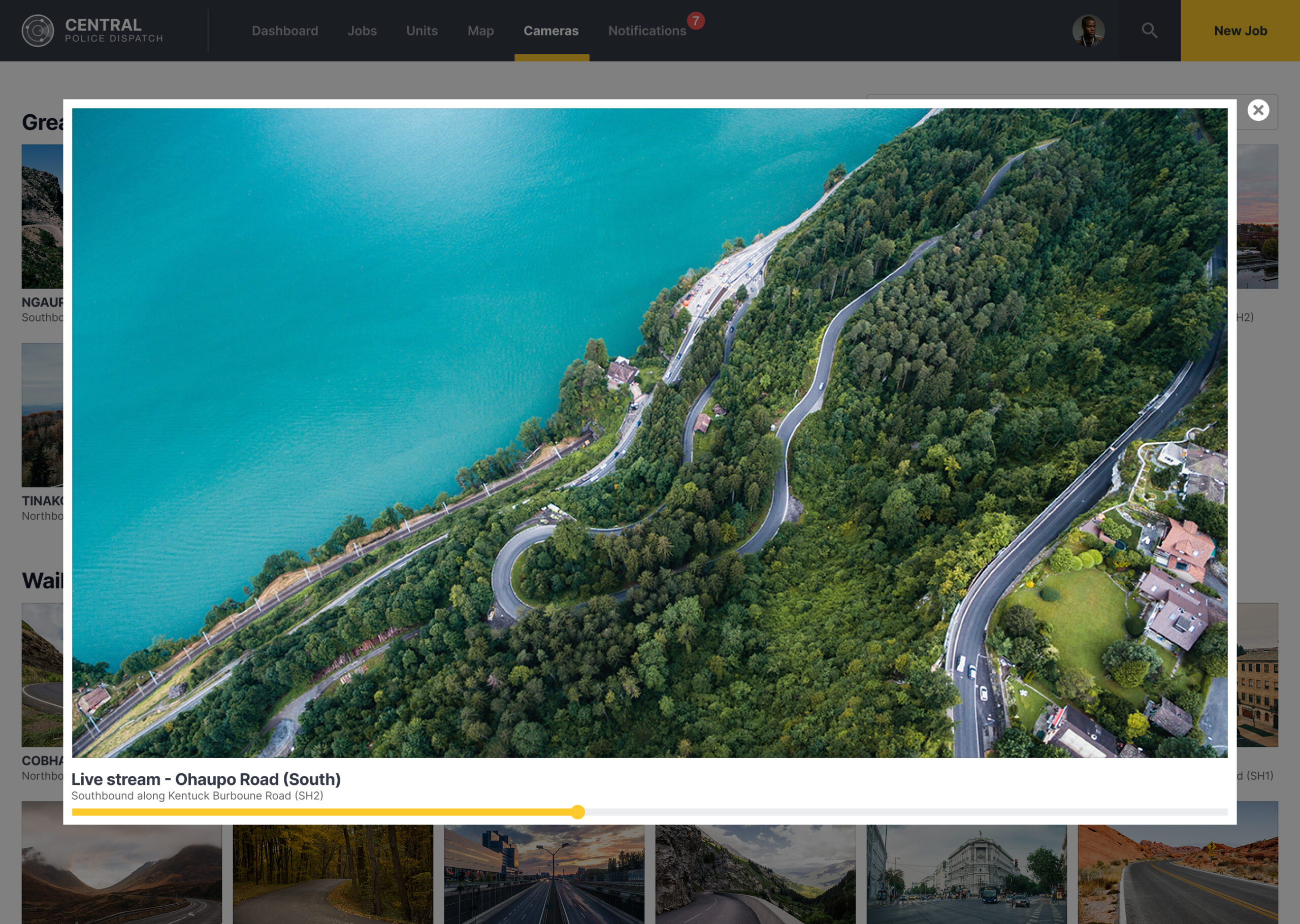 Pop-up modal displaying a high-definition live video stream of Ohaupo Road (South) traffic camera feed.
