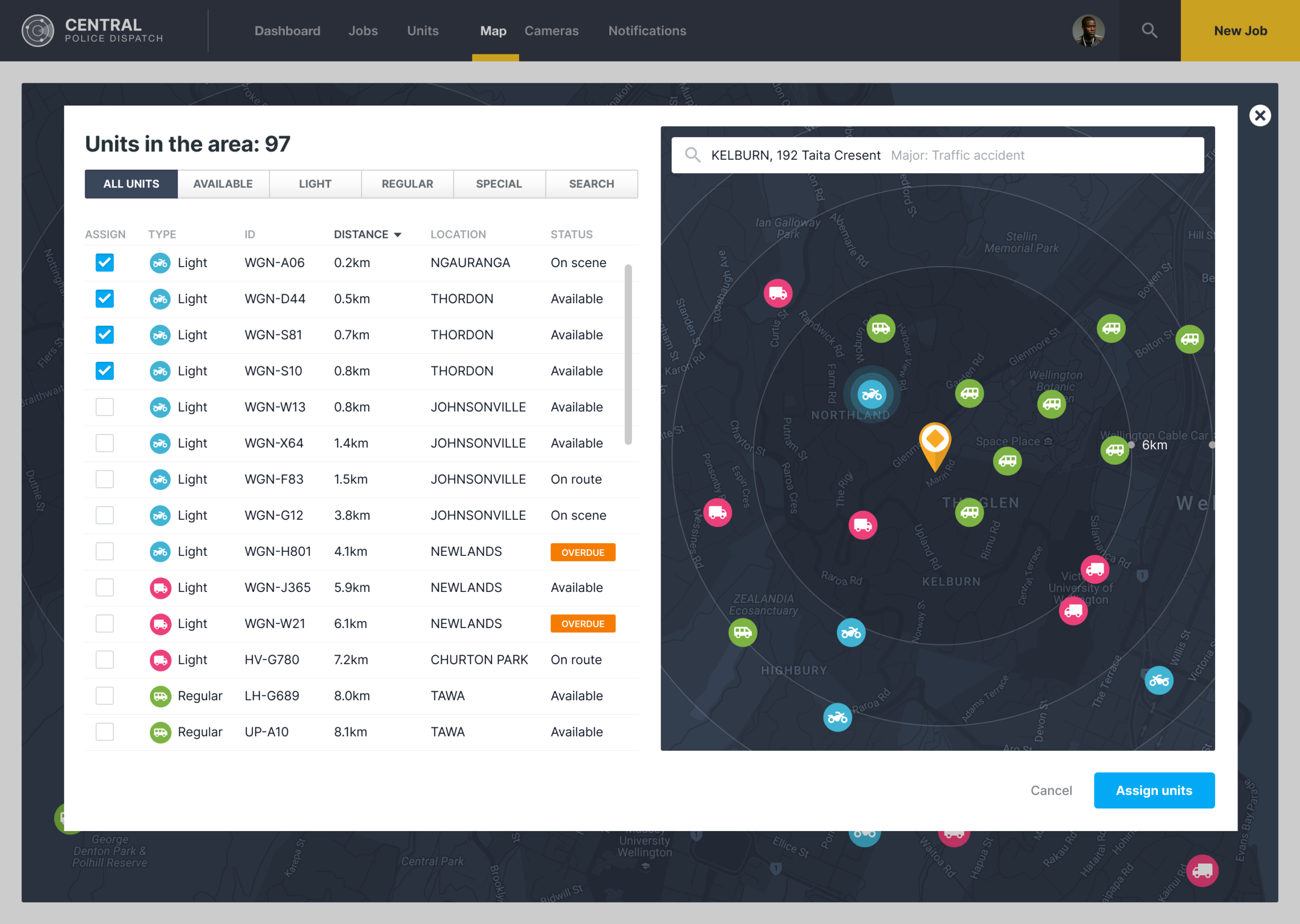 Modal view showing unit status, vehicle types, and distance radius mapping for assigning tactical units to an emergency job.