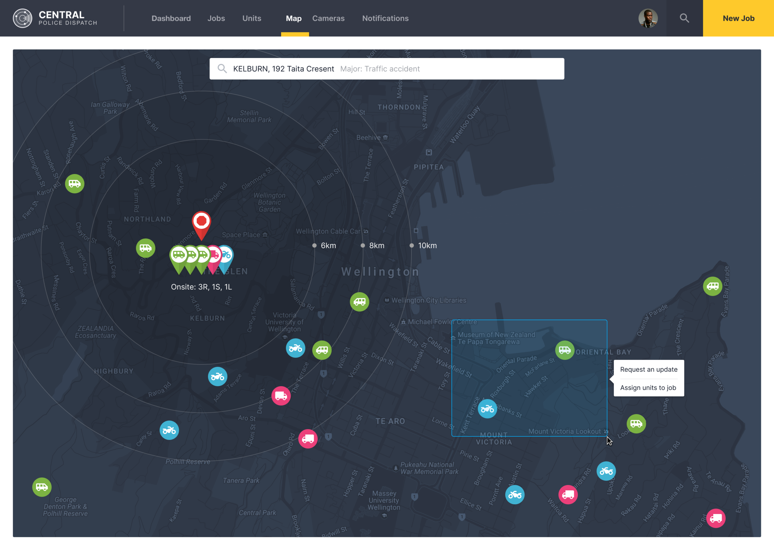 Dark mode main map view displaying unit locations around Wellington, radial distance rings, and contextual action menus for unit assignment.
