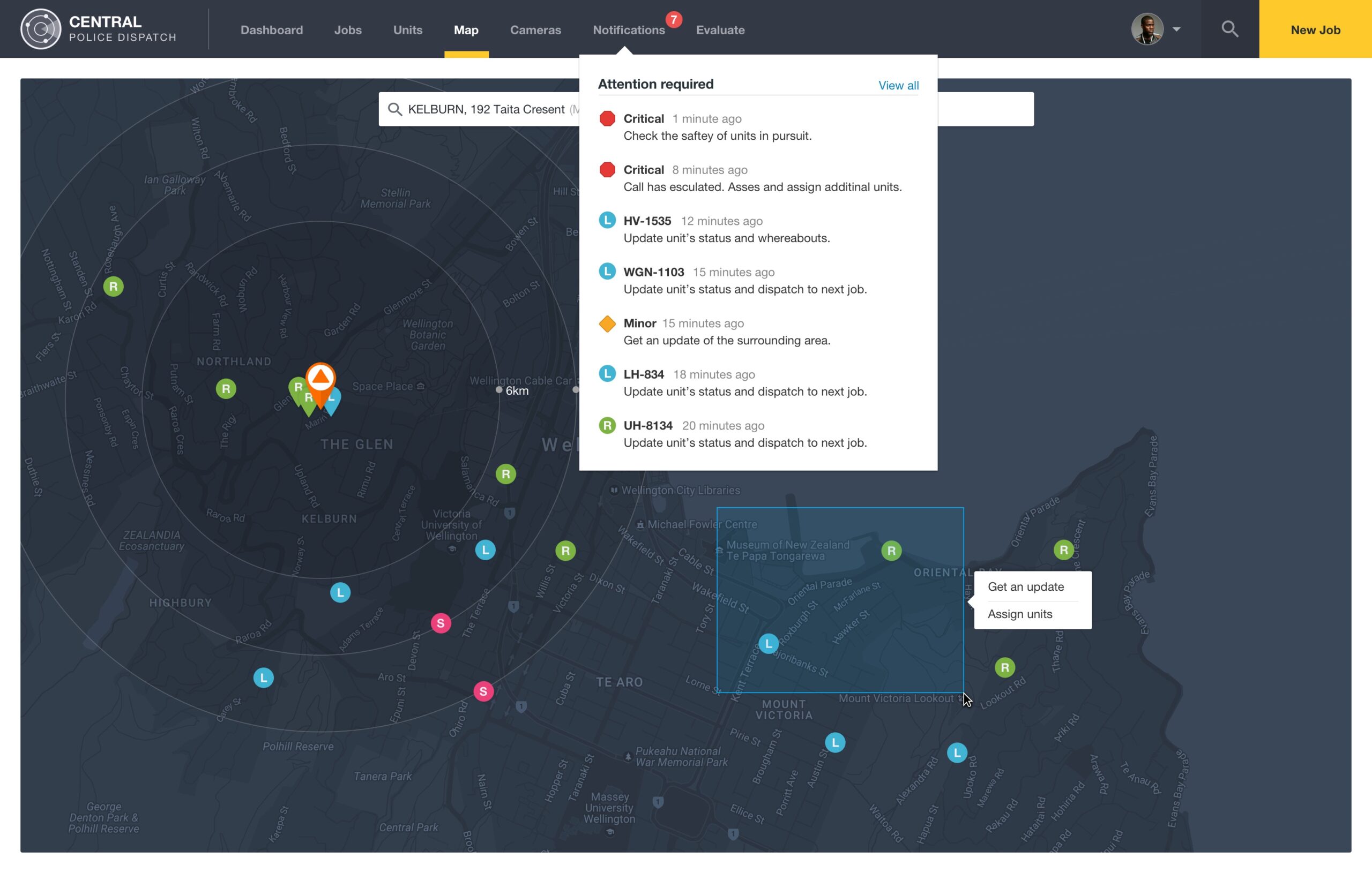 Dark mode map screen featuring an open notifications dropdown detailing priority status alerts for active units.