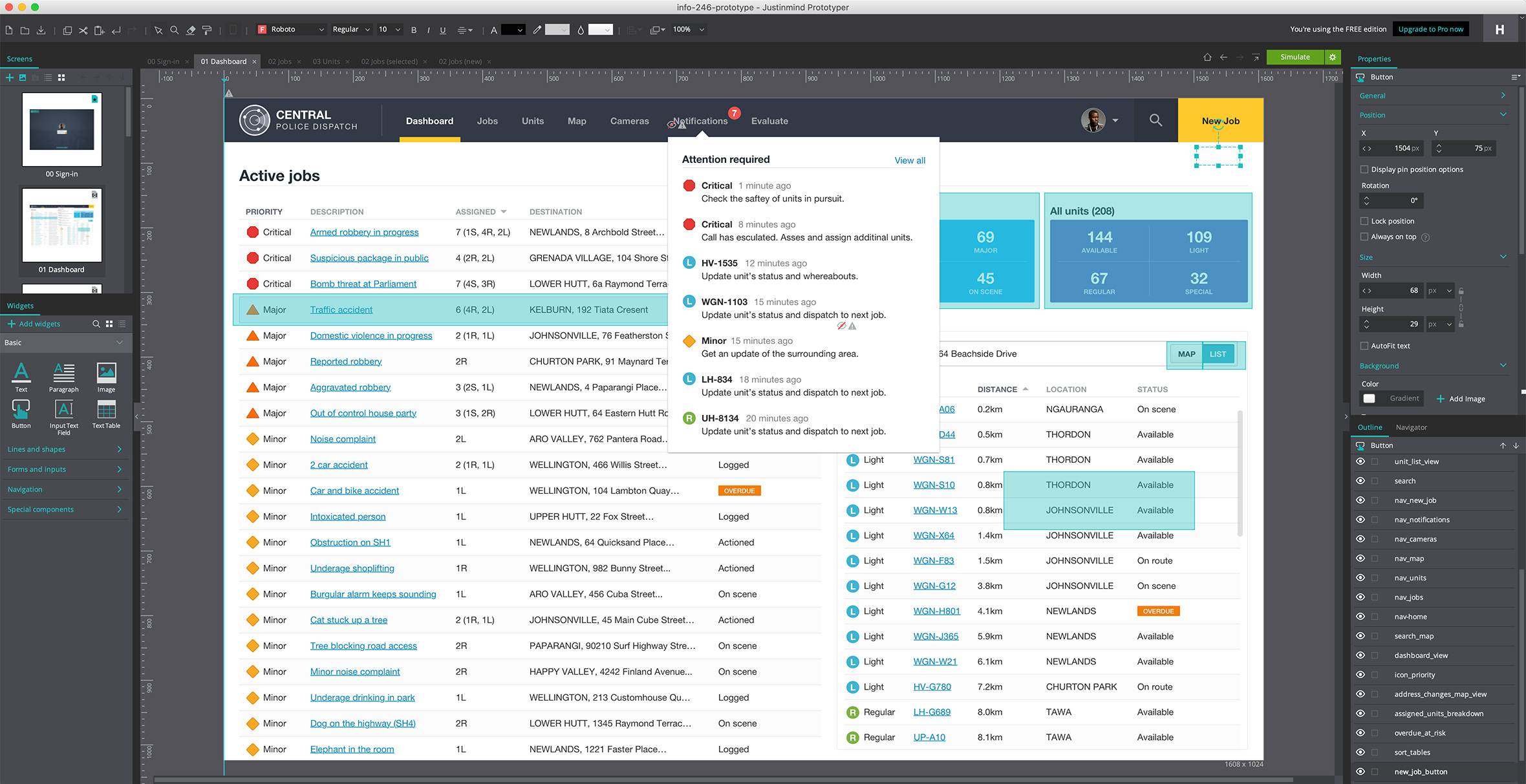 Interactive Justinmind prototyping workspace displaying an active jobs table with an overlaid notification menu.