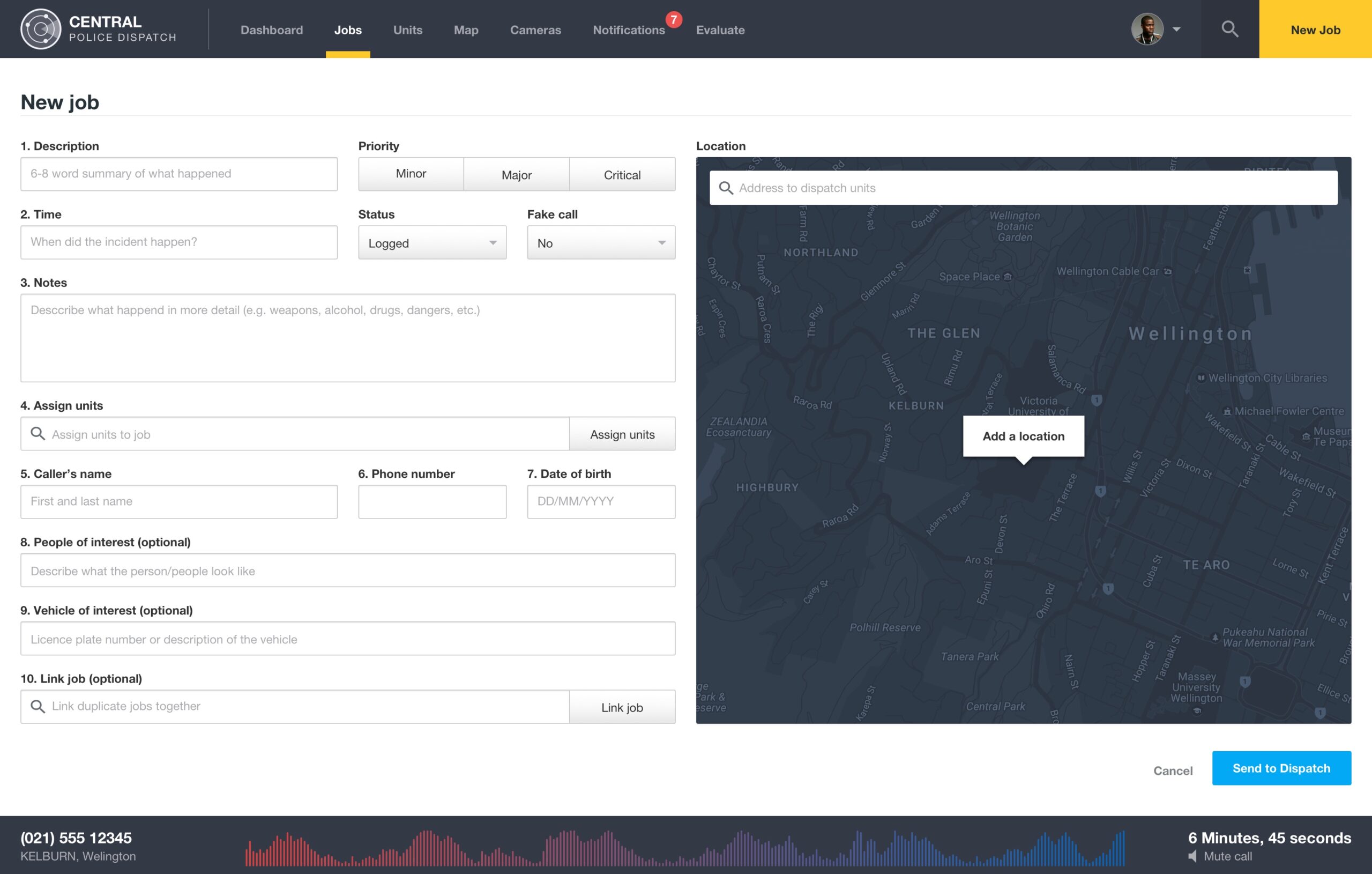 Job intake form interface featuring caller details, priority tags, and location mapping paired with a real-time call duration waveform banner.