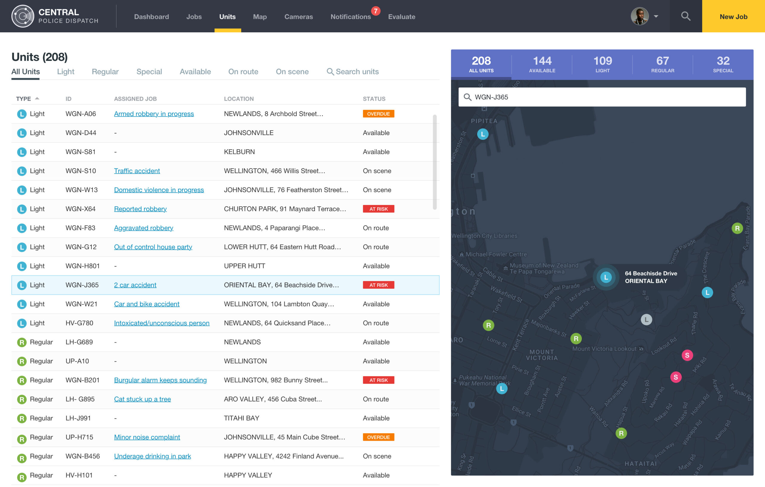 Units management screen featuring searchable unit categories and status filters alongside a GIS tracking map.