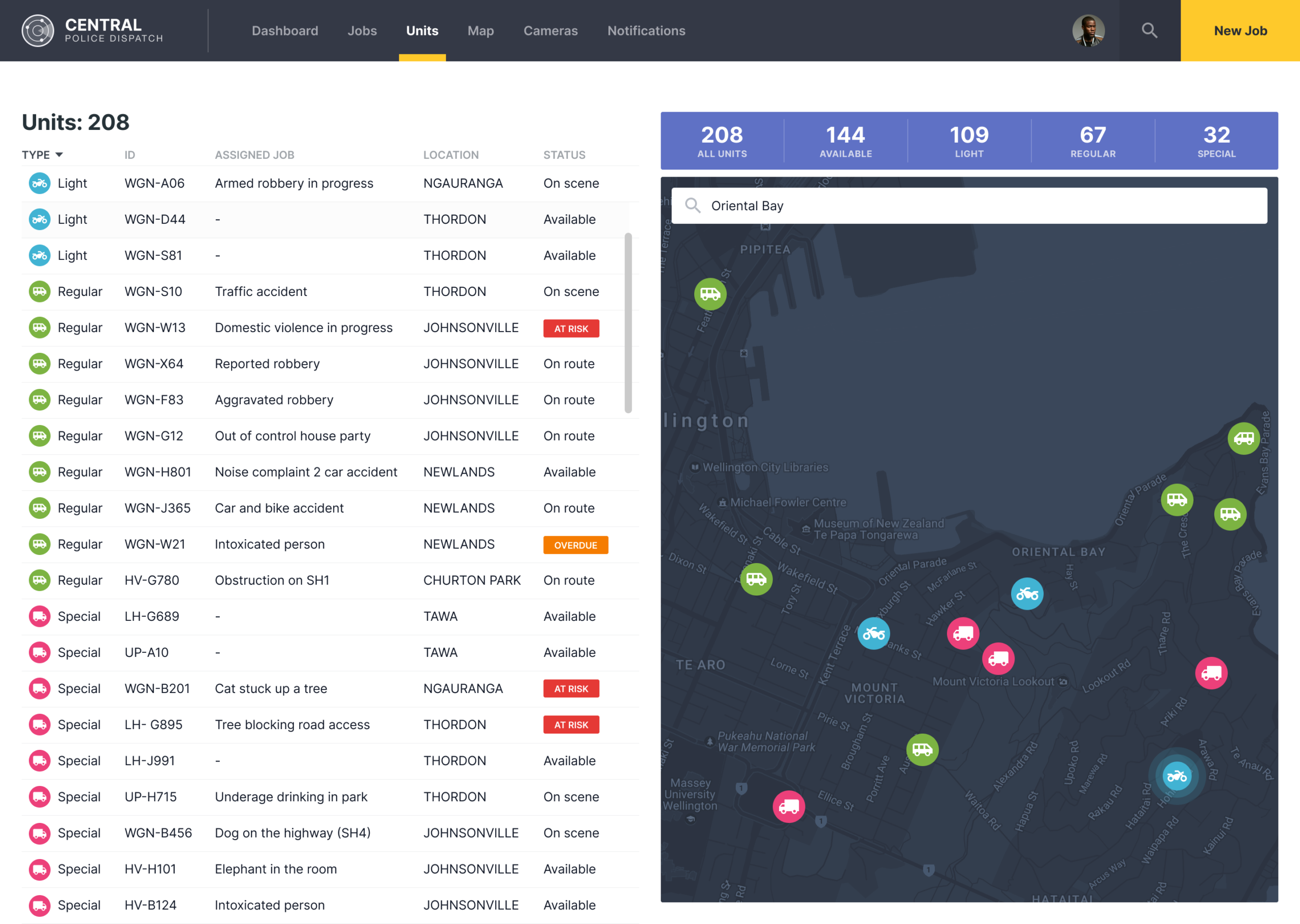 Emergency dispatch dashboard displaying unit status list alongside a GIS map showing vehicle locations across Oriental Bay and Mount Victoria.