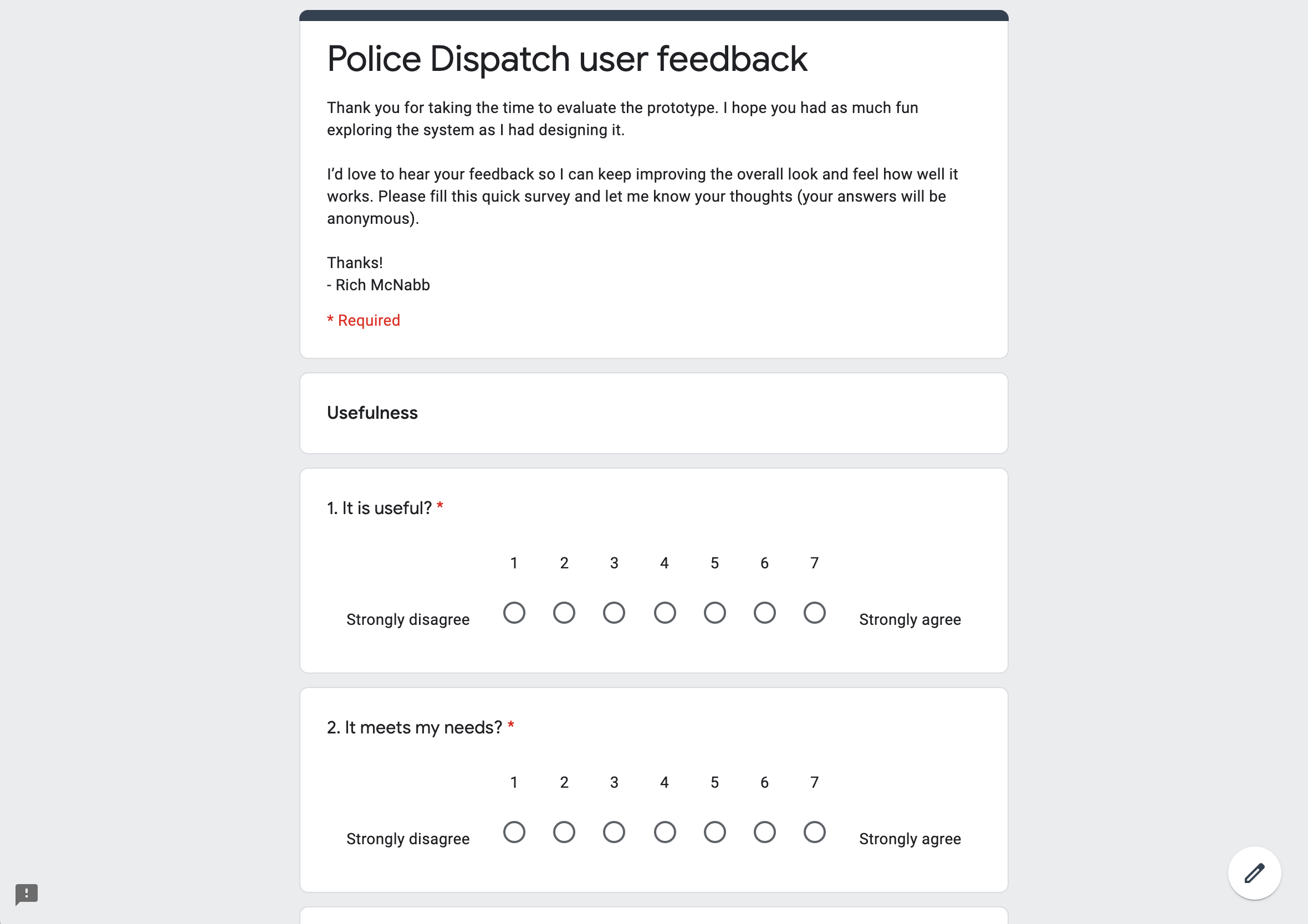 Google Forms survey interface displaying user evaluation responses and usability feedback metrics.