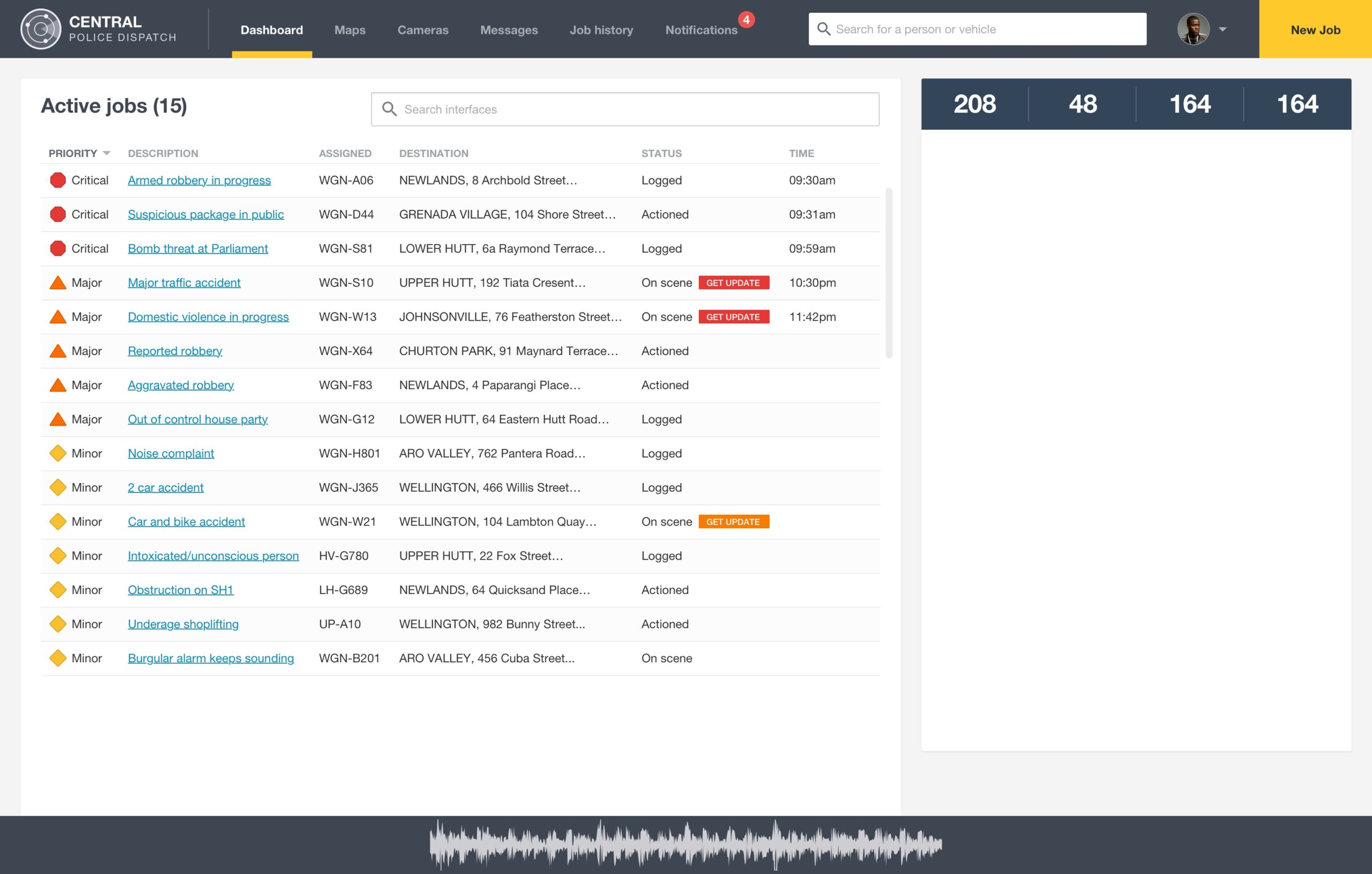 Initial dashboard interface concept presenting active jobs with priority badges, assignment codes, and a bottom audio waveform bar.