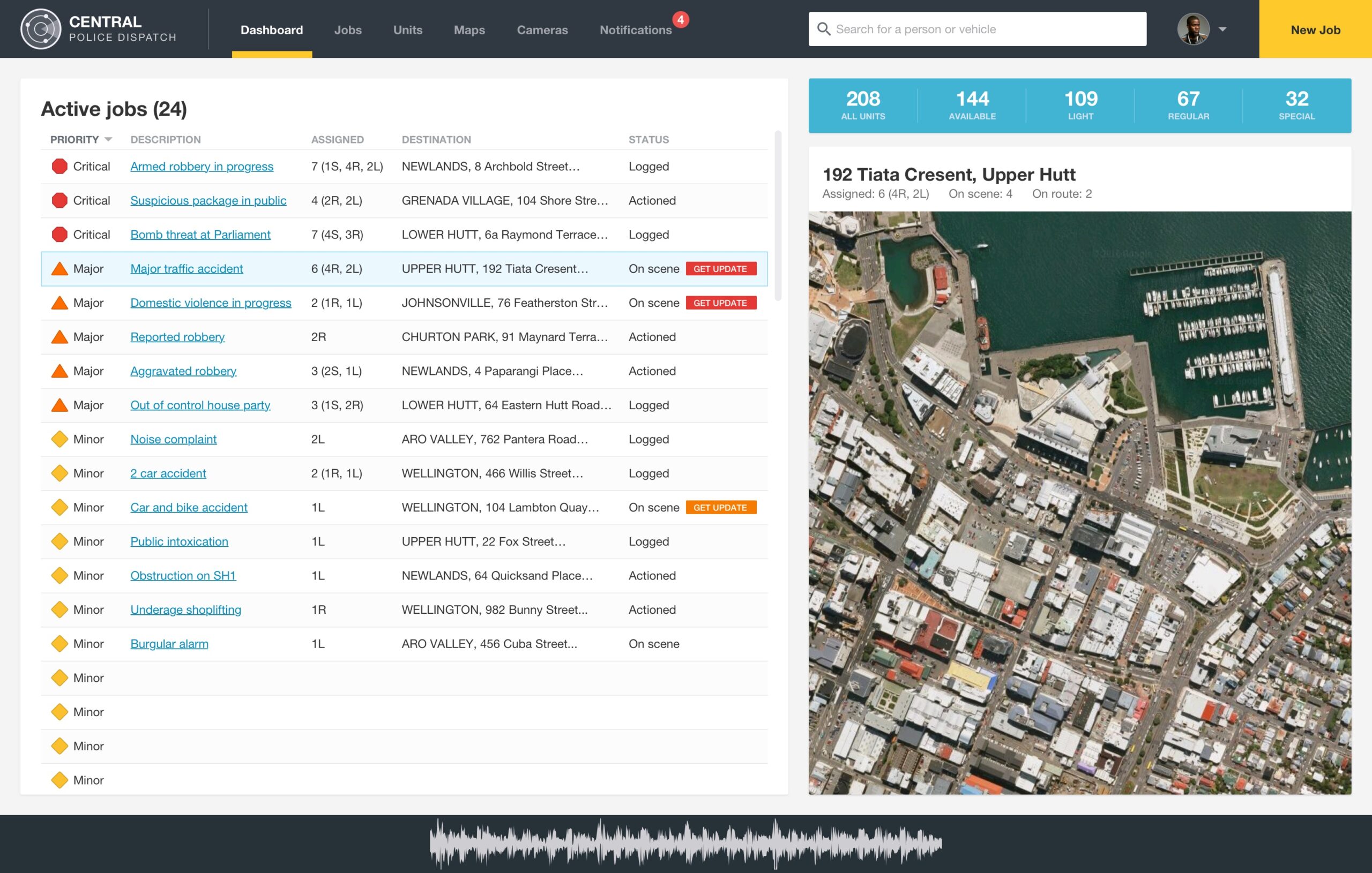Early dashboard prototype displaying an active jobs table alongside an overhead satellite map view of Upper Hutt.