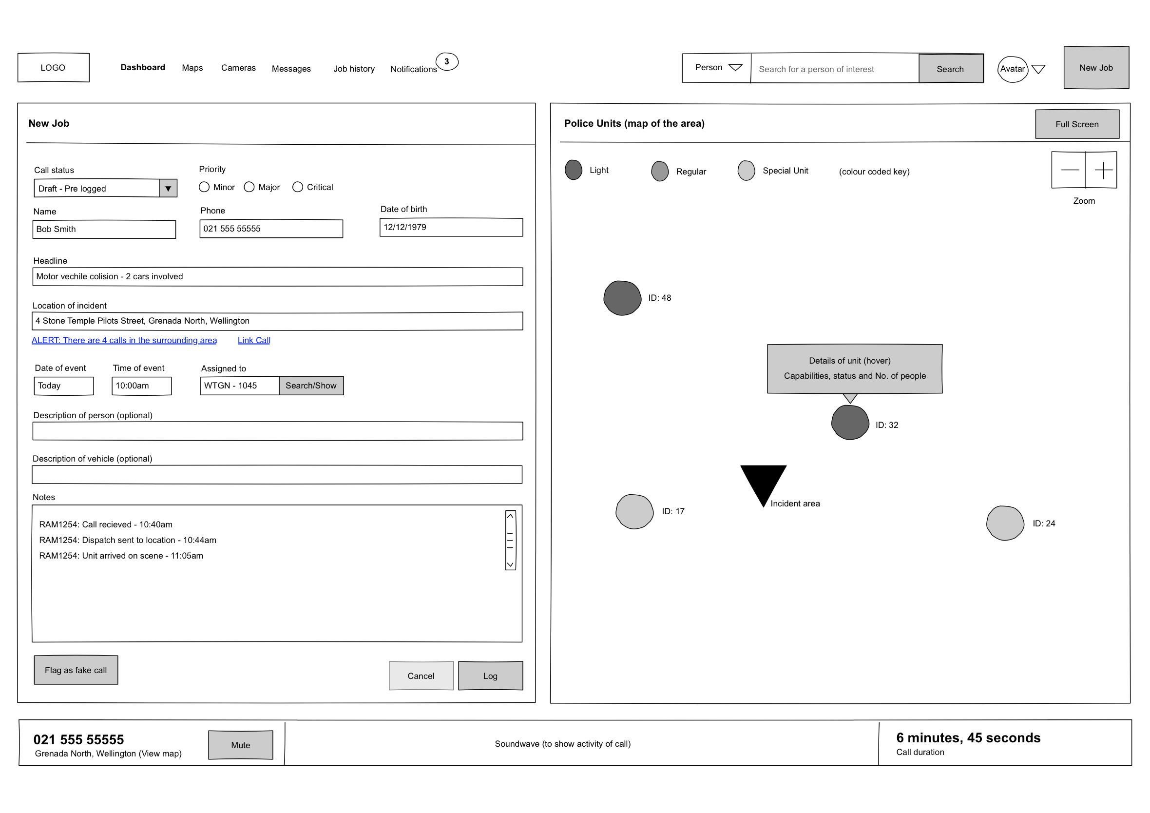 Wireframe interface layout for logging a new job, featuring incident input fields, a police unit map, and a active call soundwave bar.
