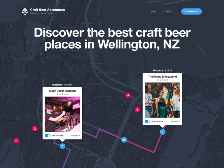 Web app interface for Craft Beer Adventures displaying an interactive map of Wellington, NZ, with pop-up cards highlighting local bar tour locations like Mean Doses Taproom and The Rogue & Vagabond.
