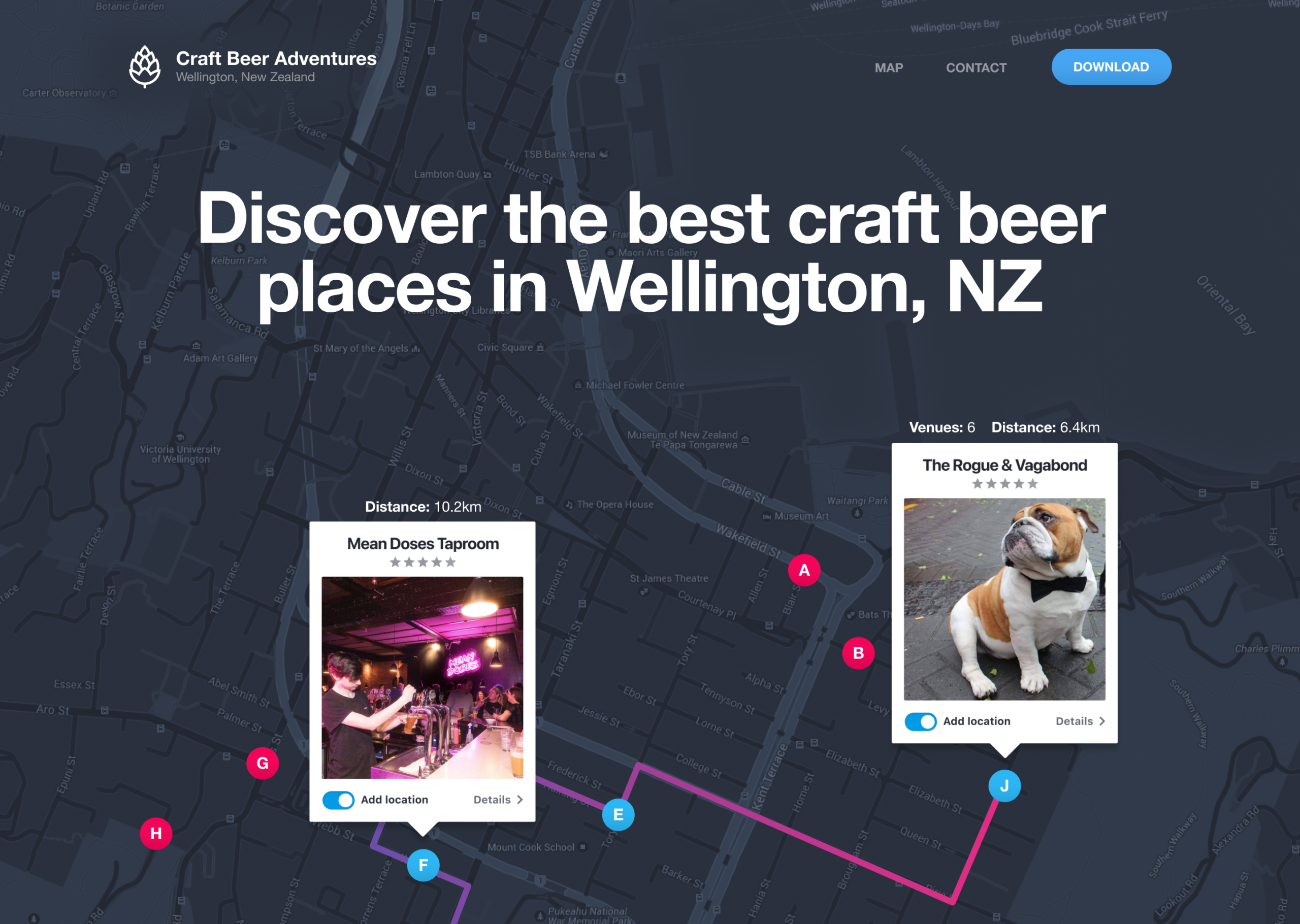 Web app interface for Craft Beer Adventures displaying an interactive map of Wellington, NZ, with pop-up cards highlighting local bar tour locations like Mean Doses Taproom and The Rogue & Vagabond.