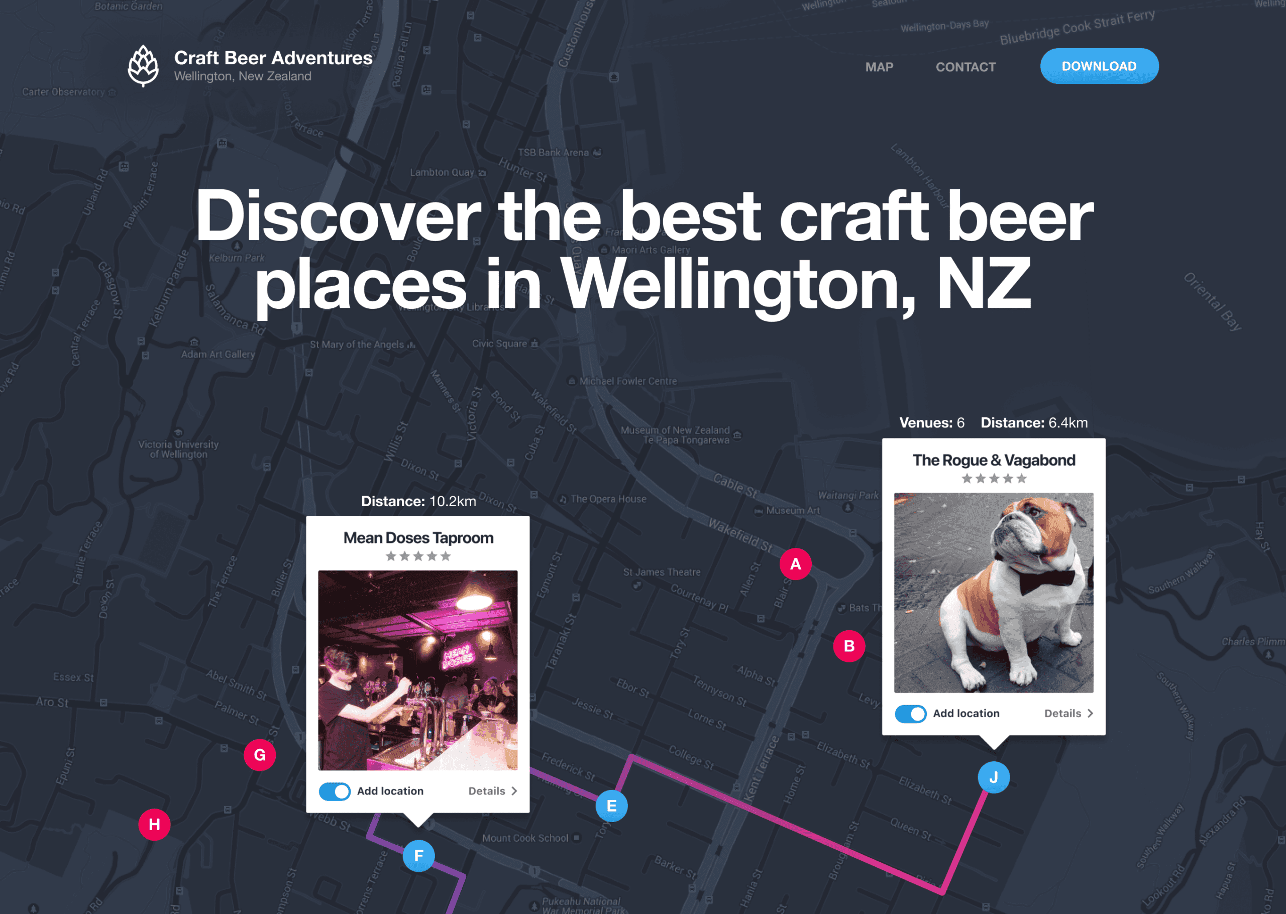 Dark interactive Wellington map interface featuring pinned craft beer venues including Mean Doses Taproom and The Rogue & Vagabond.