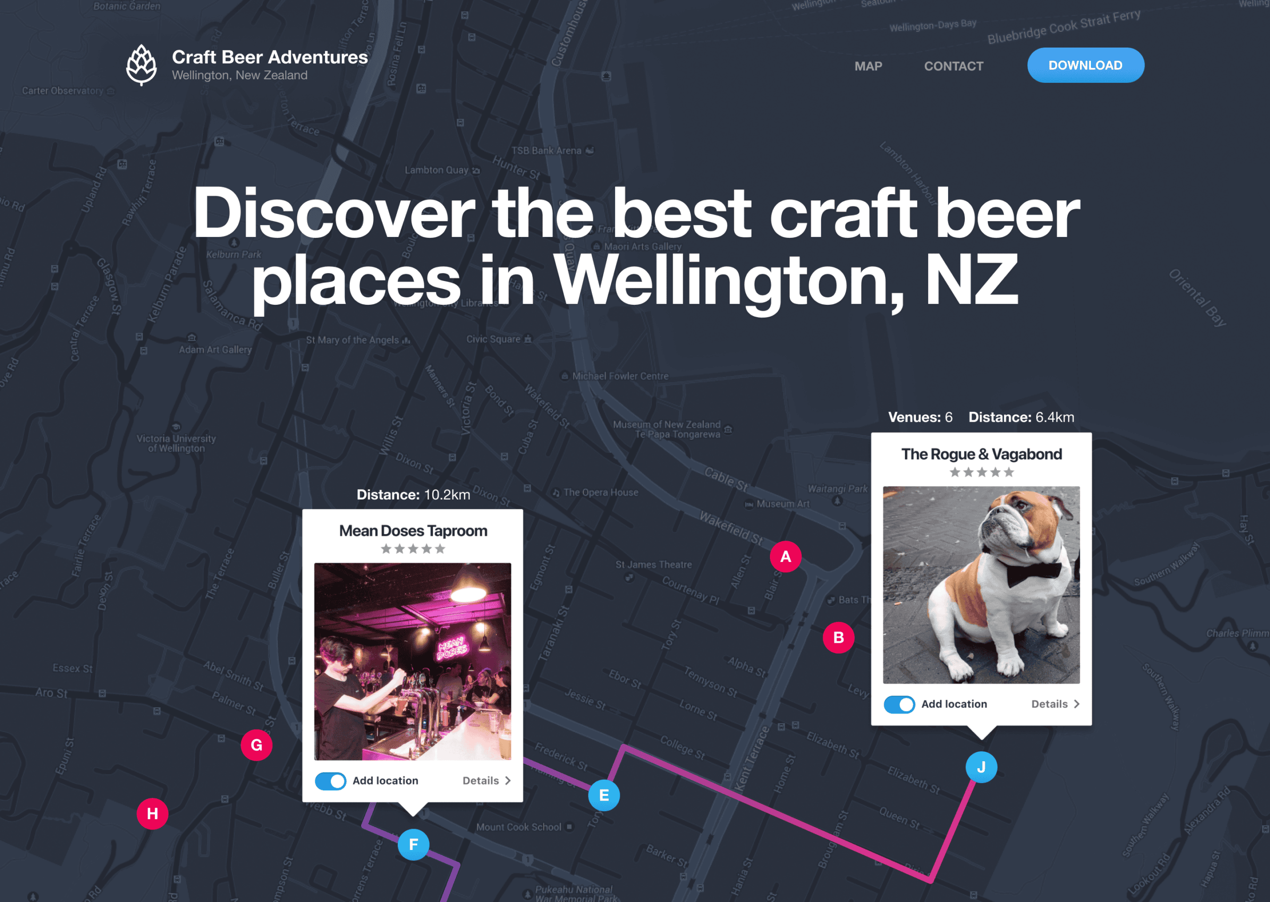 Desktop website interface featuring route details, total distance, and venue preview popups across a Wellington street map.