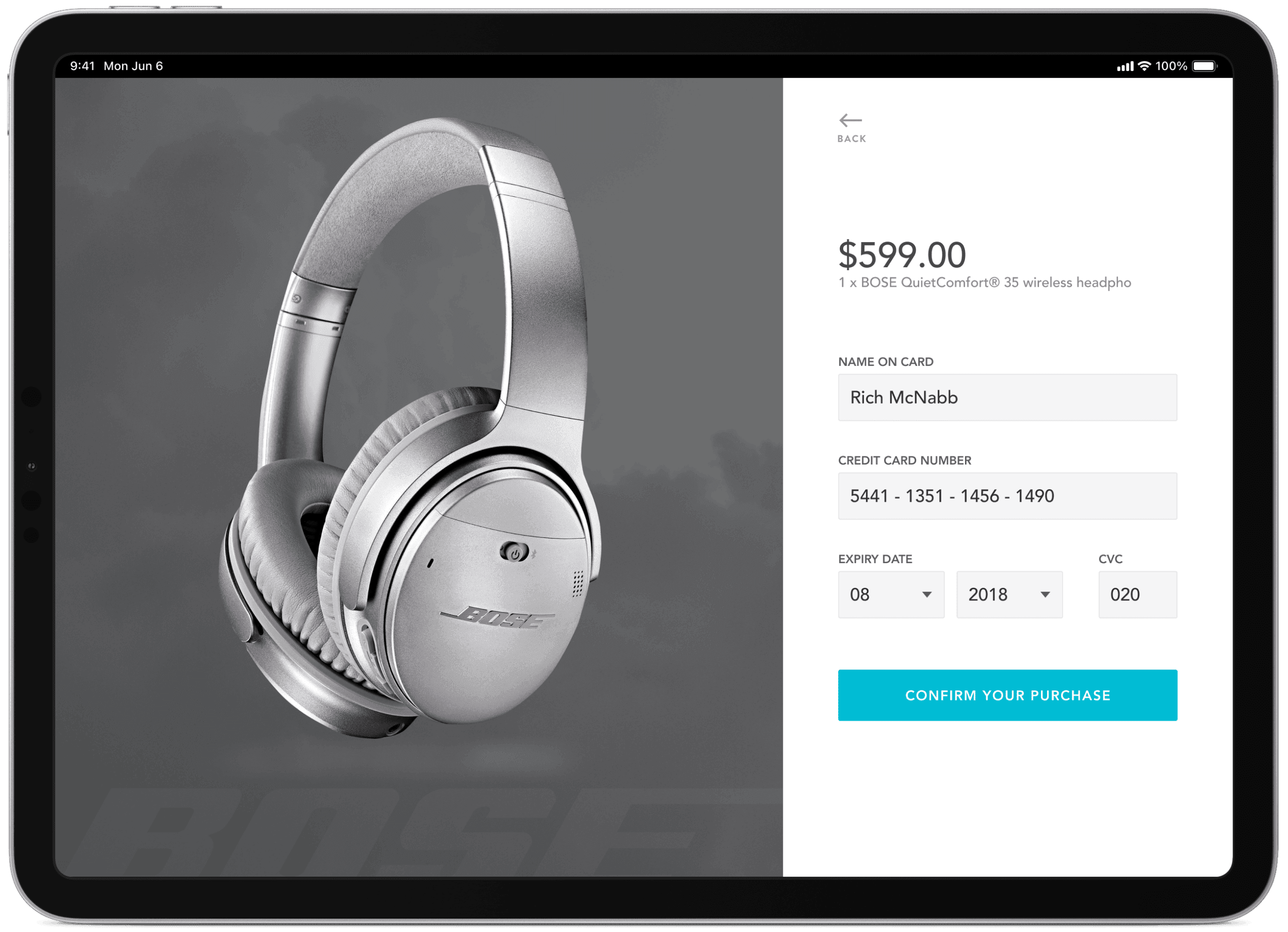 iPad interface displaying a checkout screen for Bose QuietComfort headphones with card details form fields inside a white panel.