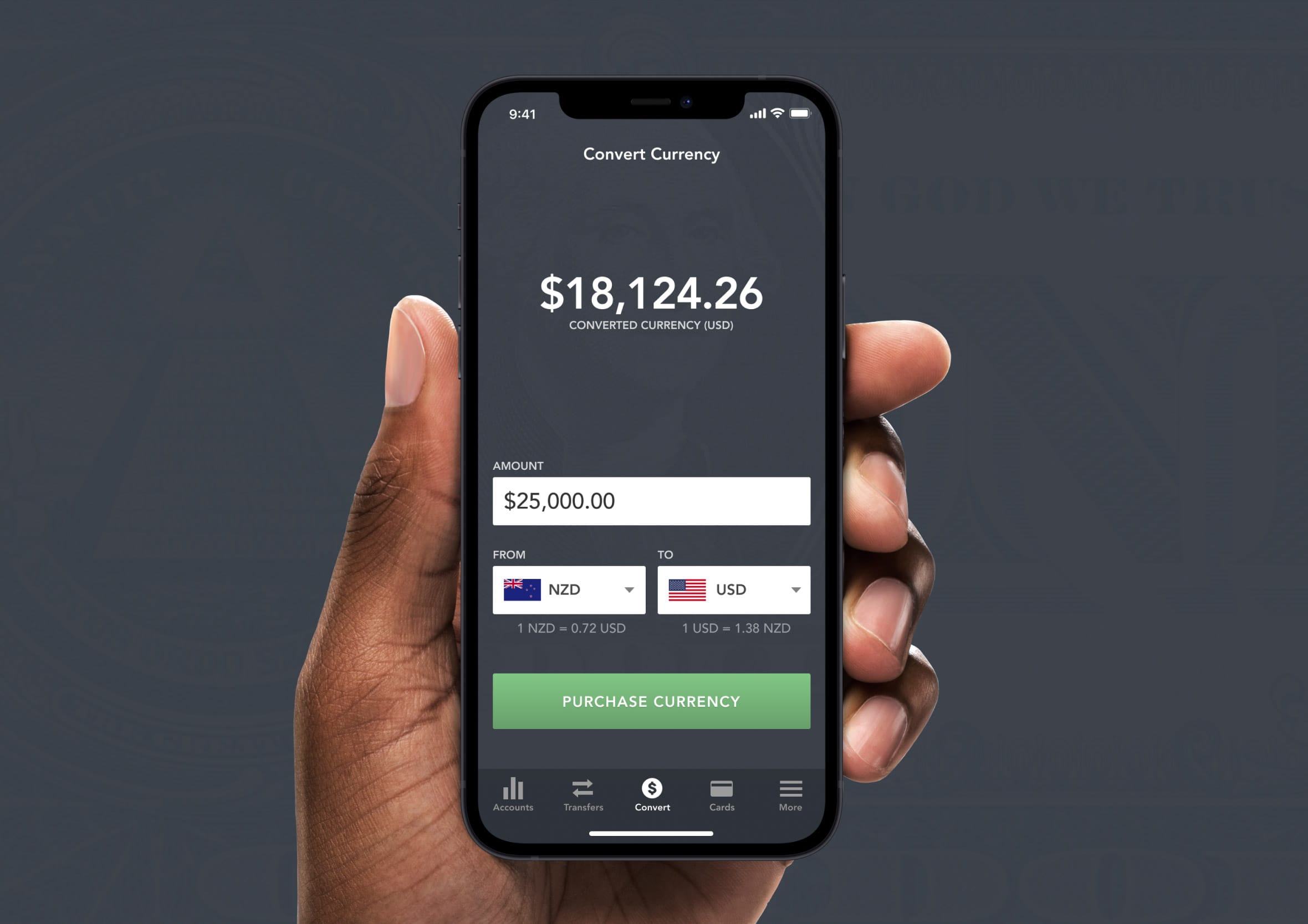 Hand holding a black iPhone displaying a currency conversion interface converting NZD to USD in dark mode.