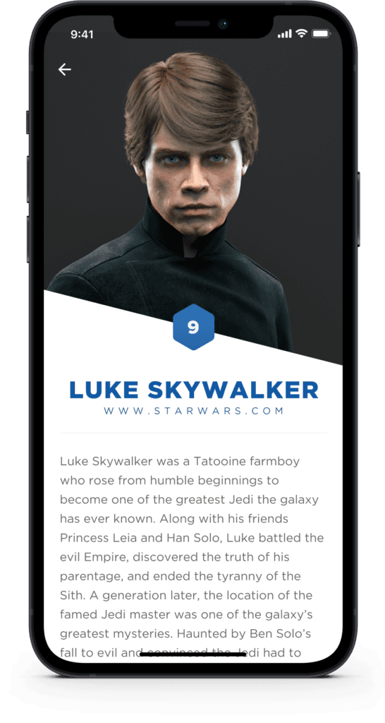 Smartphone screen displaying a Star Wars character profile page for Luke Skywalker featuring his portrait and bio.