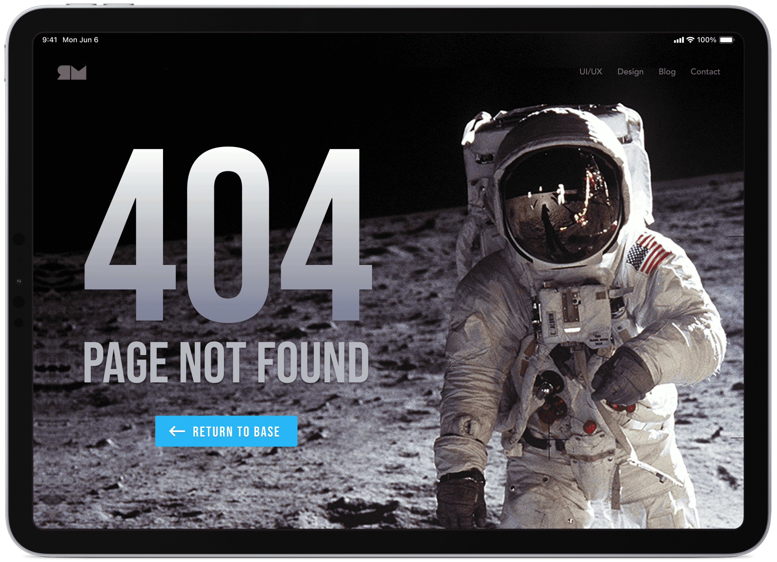 Tablet display showing a 404 error page featuring an astronaut on the moon with a "Return to base" button.