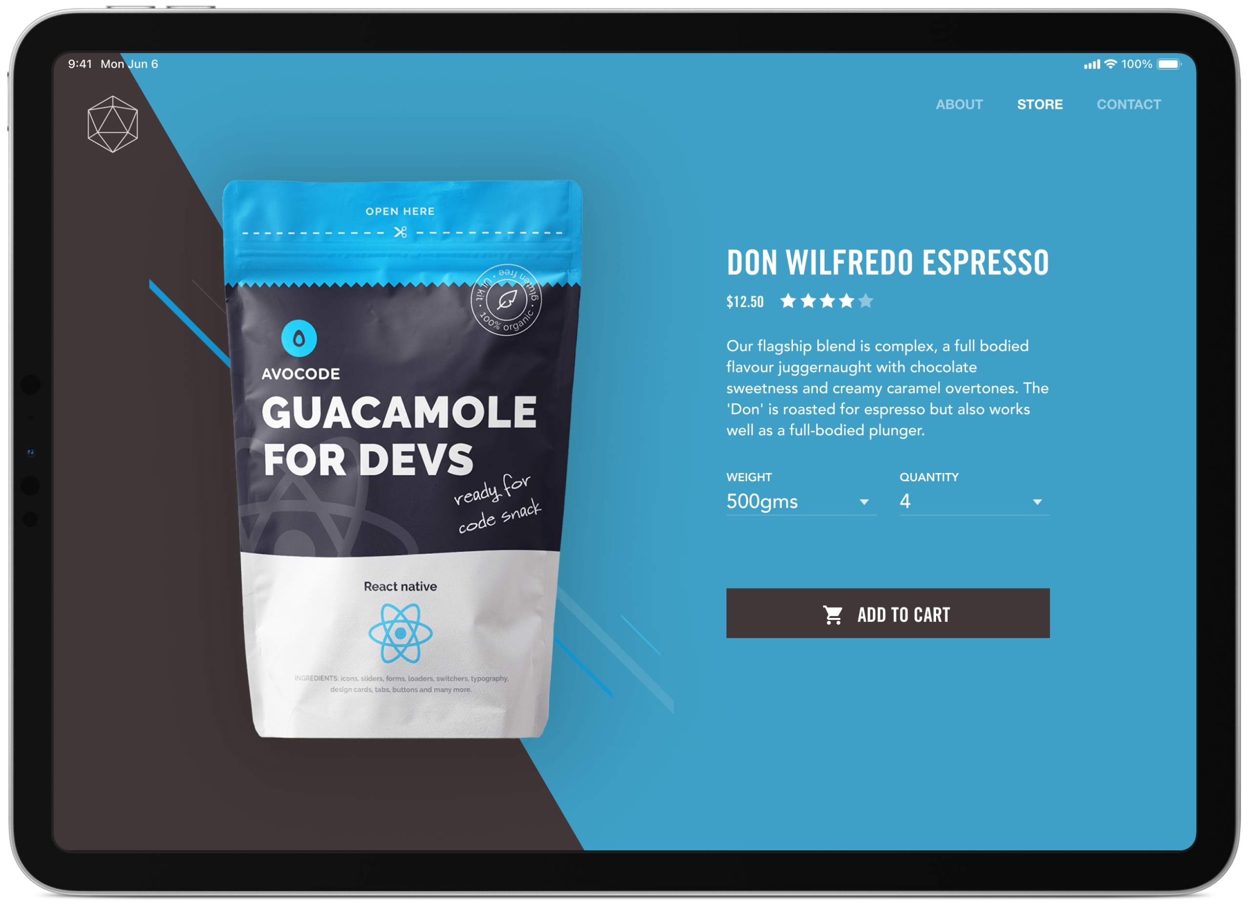 E-commerce product page interface displaying a bag of Don Wilfredo Espresso coffee next to price and add-to-cart options.