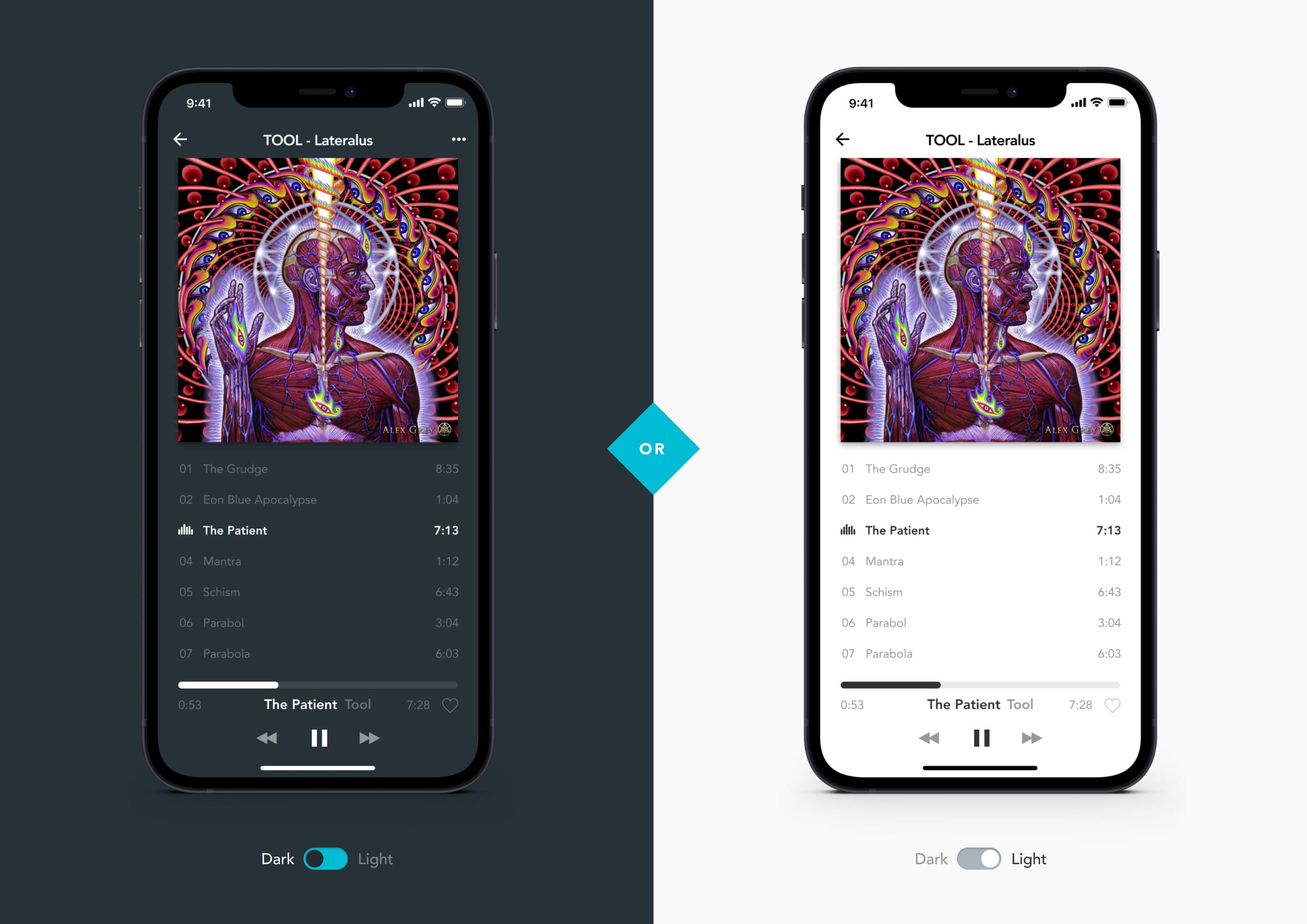 Side-by-side comparison of a music player mobile app shown in Dark and Light themes using a toggle switch.