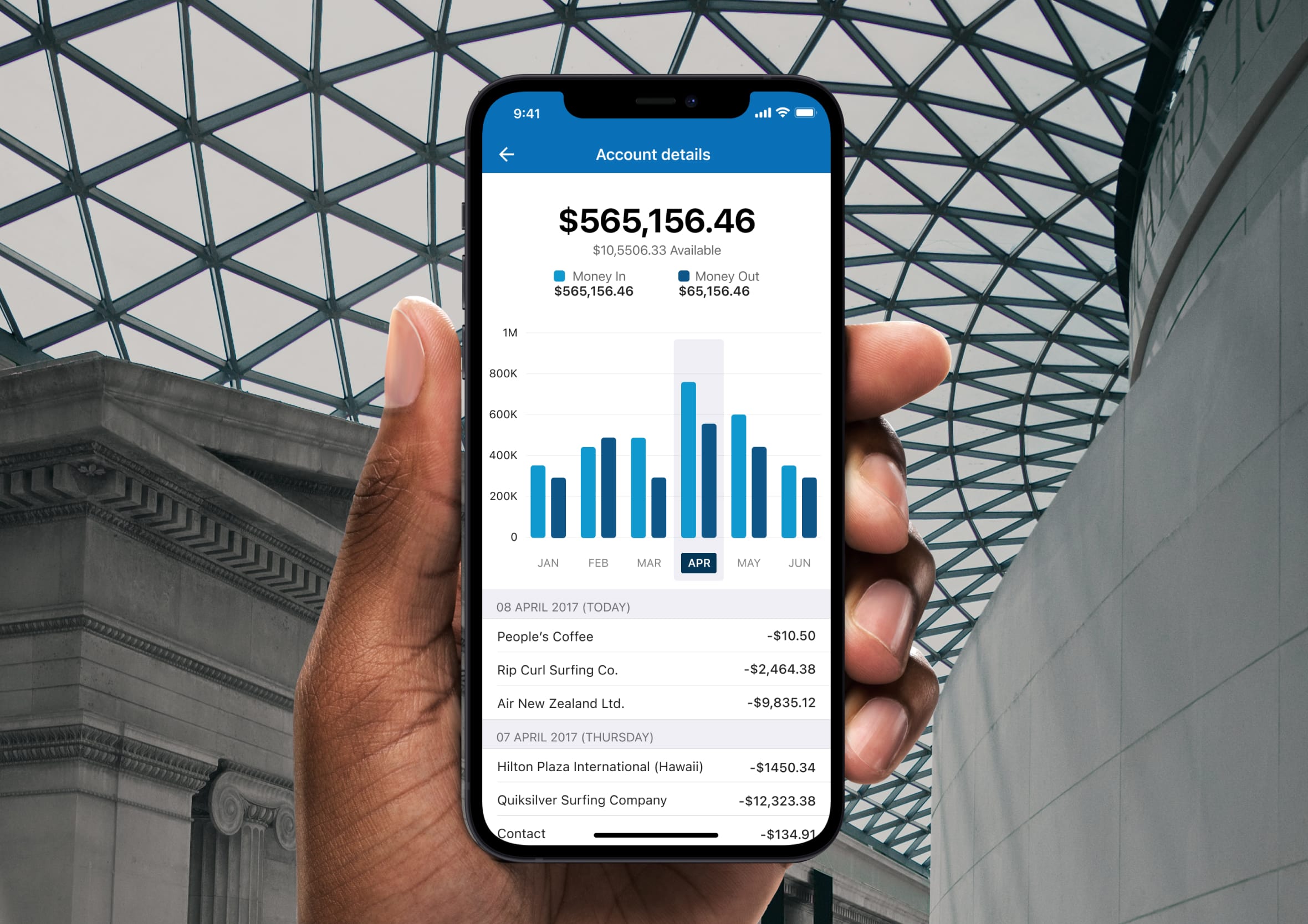 Hand holding an iPhone displaying a financial analytics screen with account balances and a bar chart.
