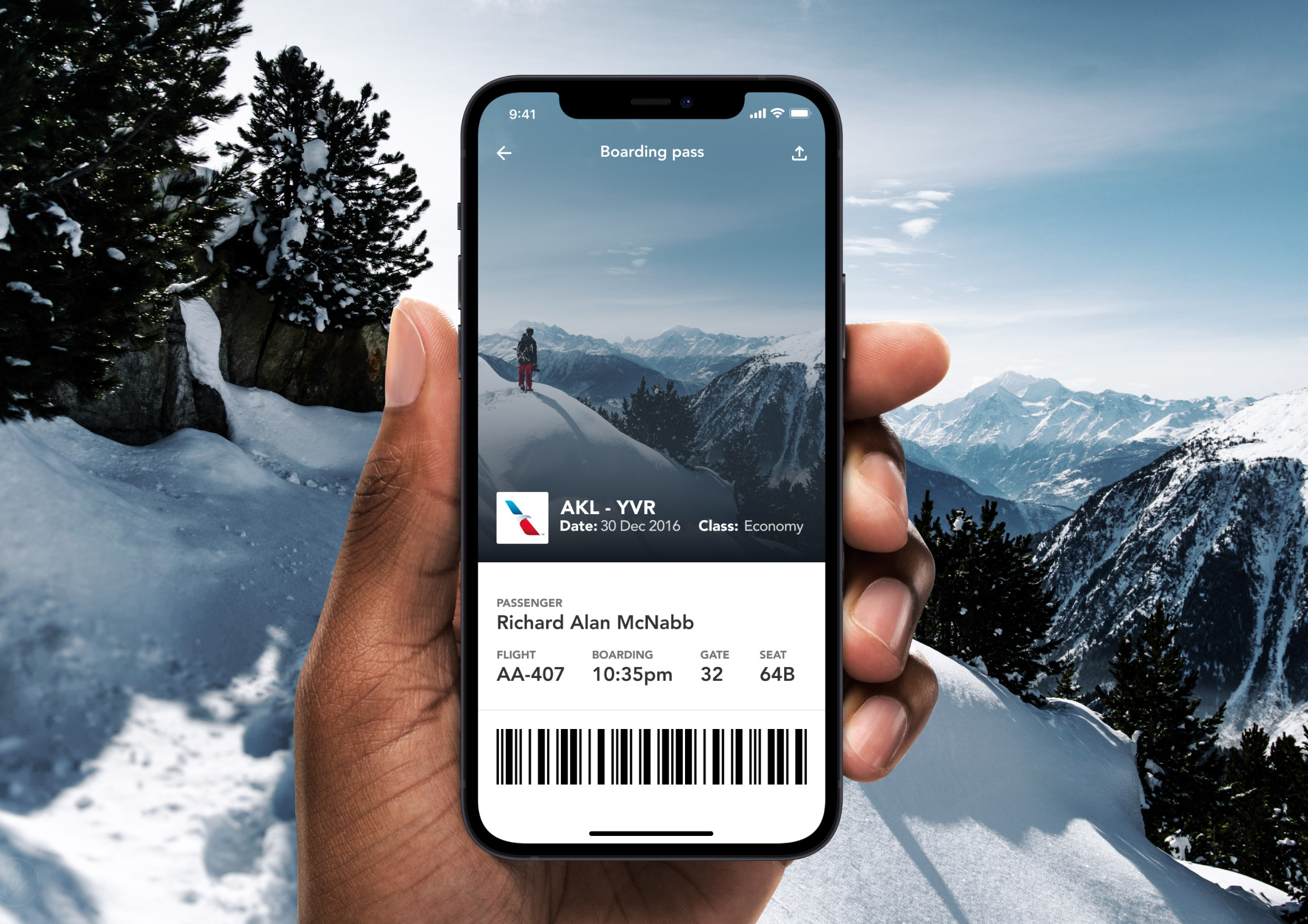 Hand holding an iPhone displaying a digital flight boarding pass with passenger details and a barcode.