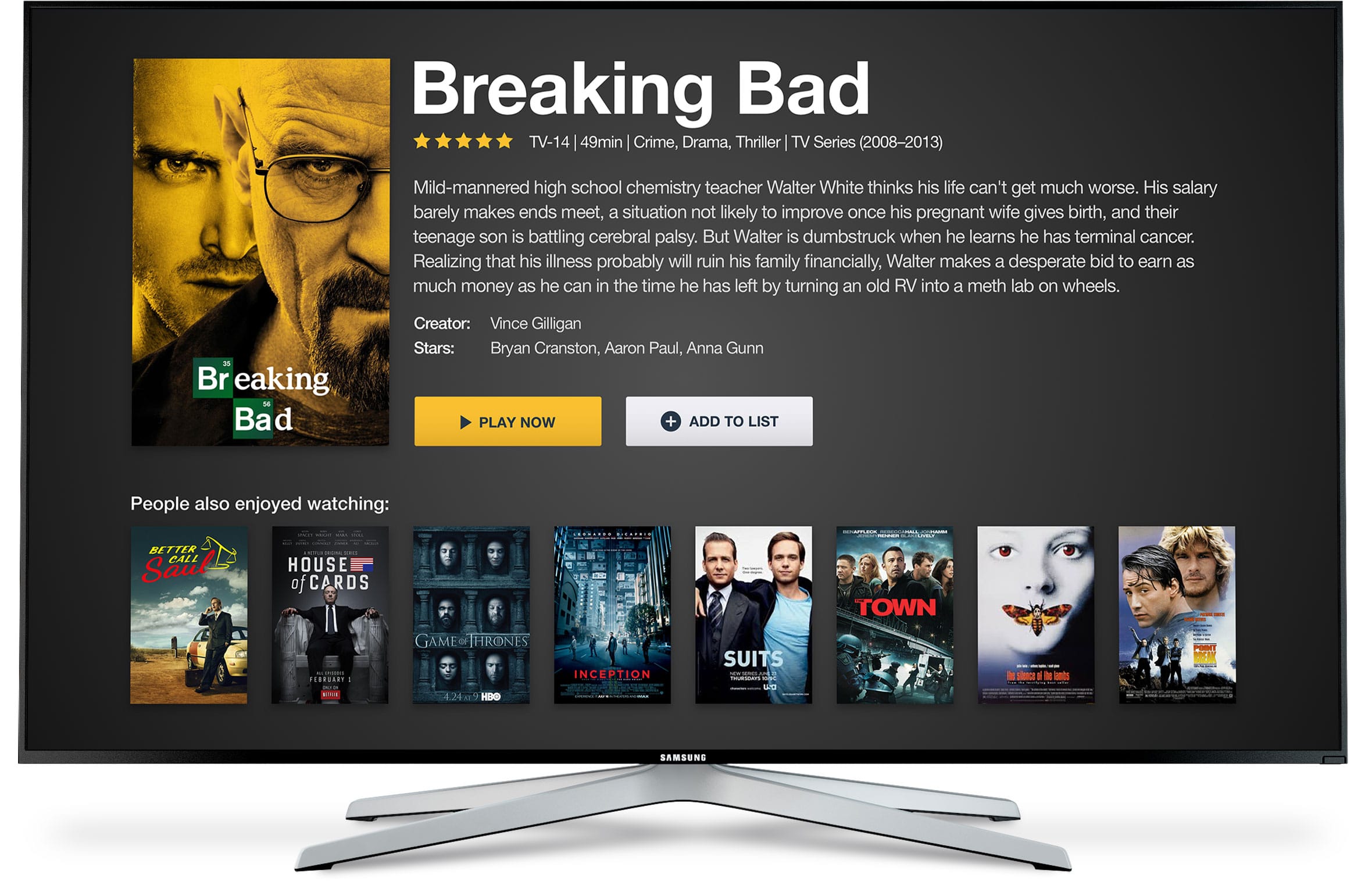 Smart TV app interface displaying details for Breaking Bad alongside recommended show thumbnails.