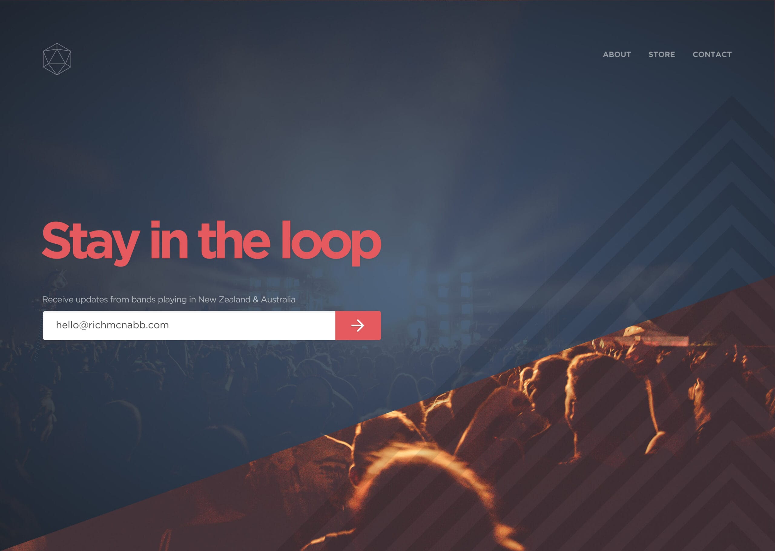 Website header section featuring a "Stay in the loop" subscription prompt over a concert crowd photo.