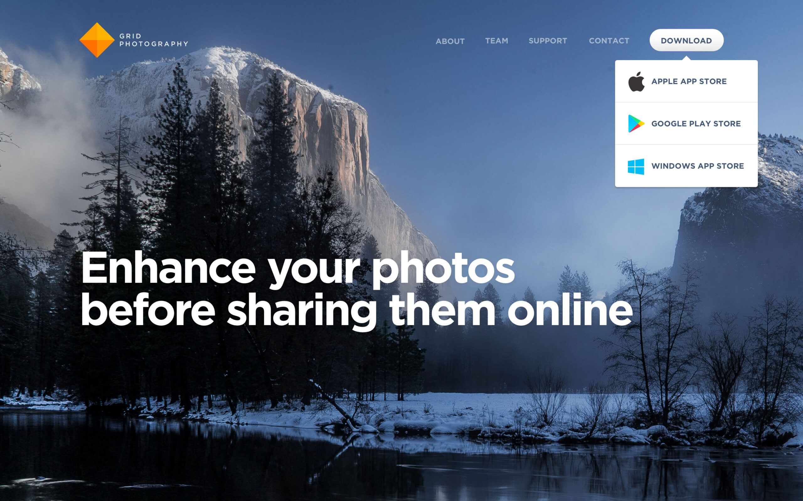 Grid Photography website screenshot showing a dropdown menu for various phone platforms